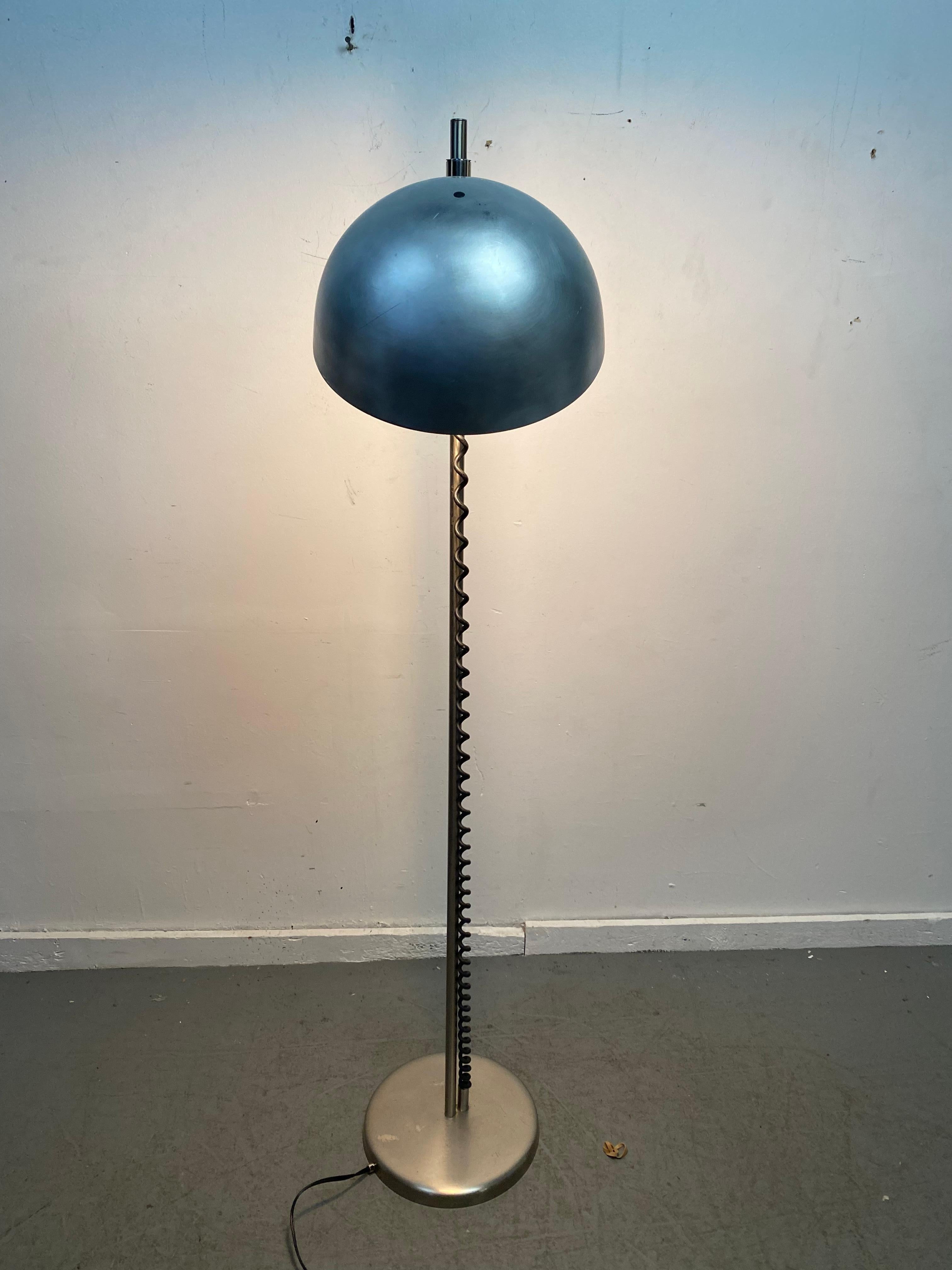 Unusual 1970s Bauhaus Inspired Adjustable Floor Lamp, Spun Aluminum Shade In Good Condition For Sale In Buffalo, NY