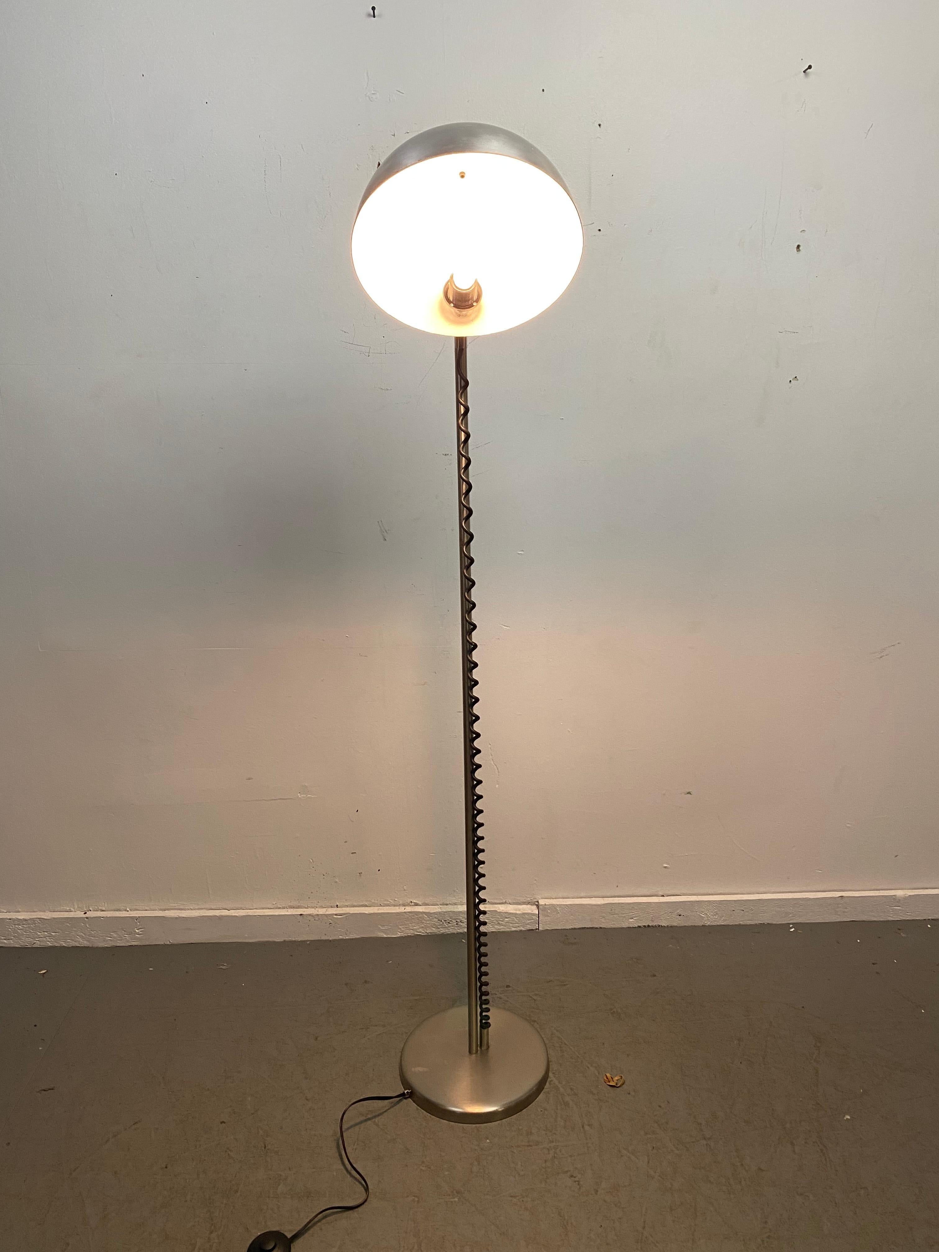 Unusual 1970s Bauhaus Inspired Adjustable Floor Lamp, Spun Aluminum Shade In Good Condition For Sale In Buffalo, NY