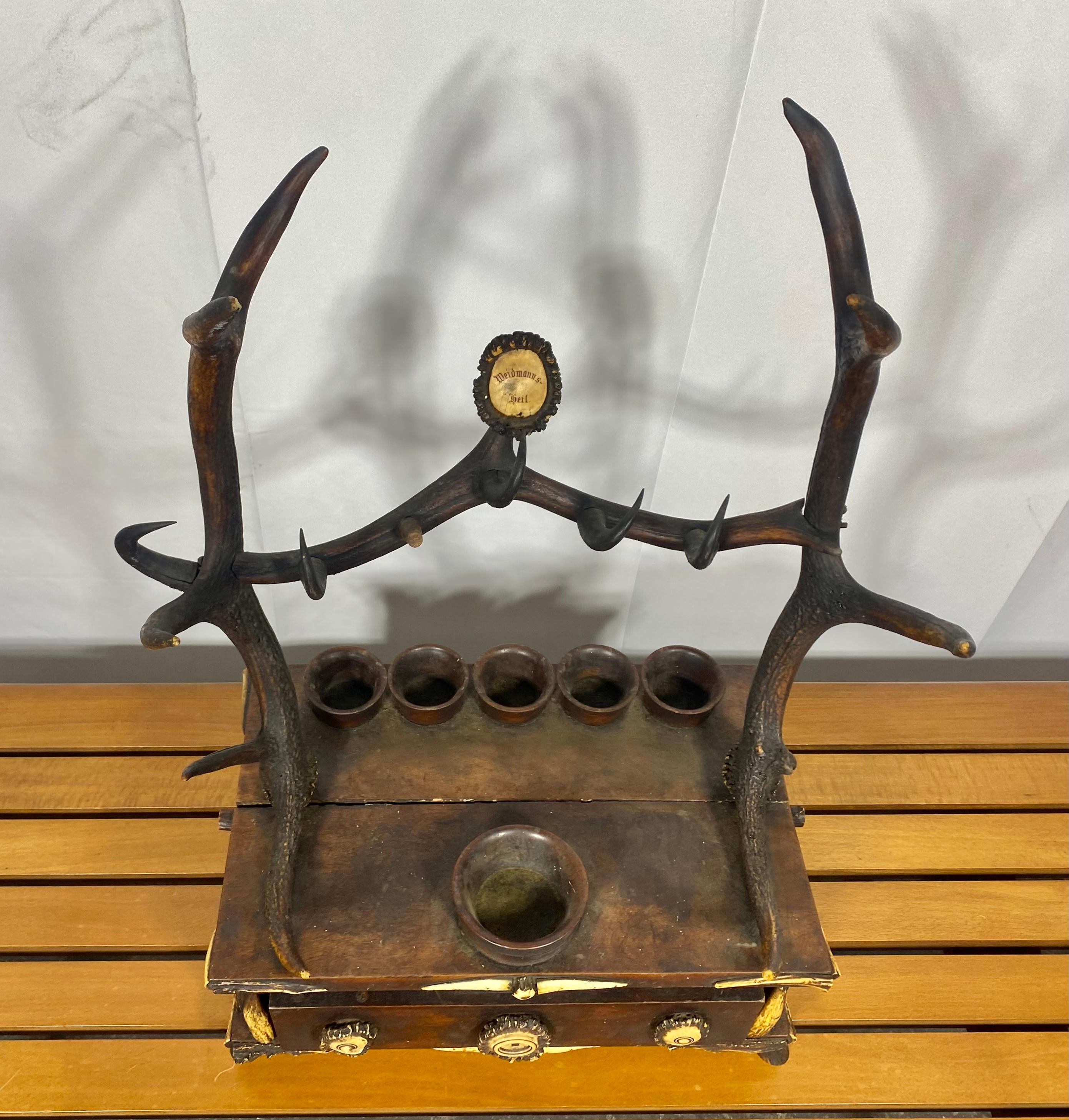Unusual 19th Century Antler horn / oak German Valet, box . Weidmanns Heil 1