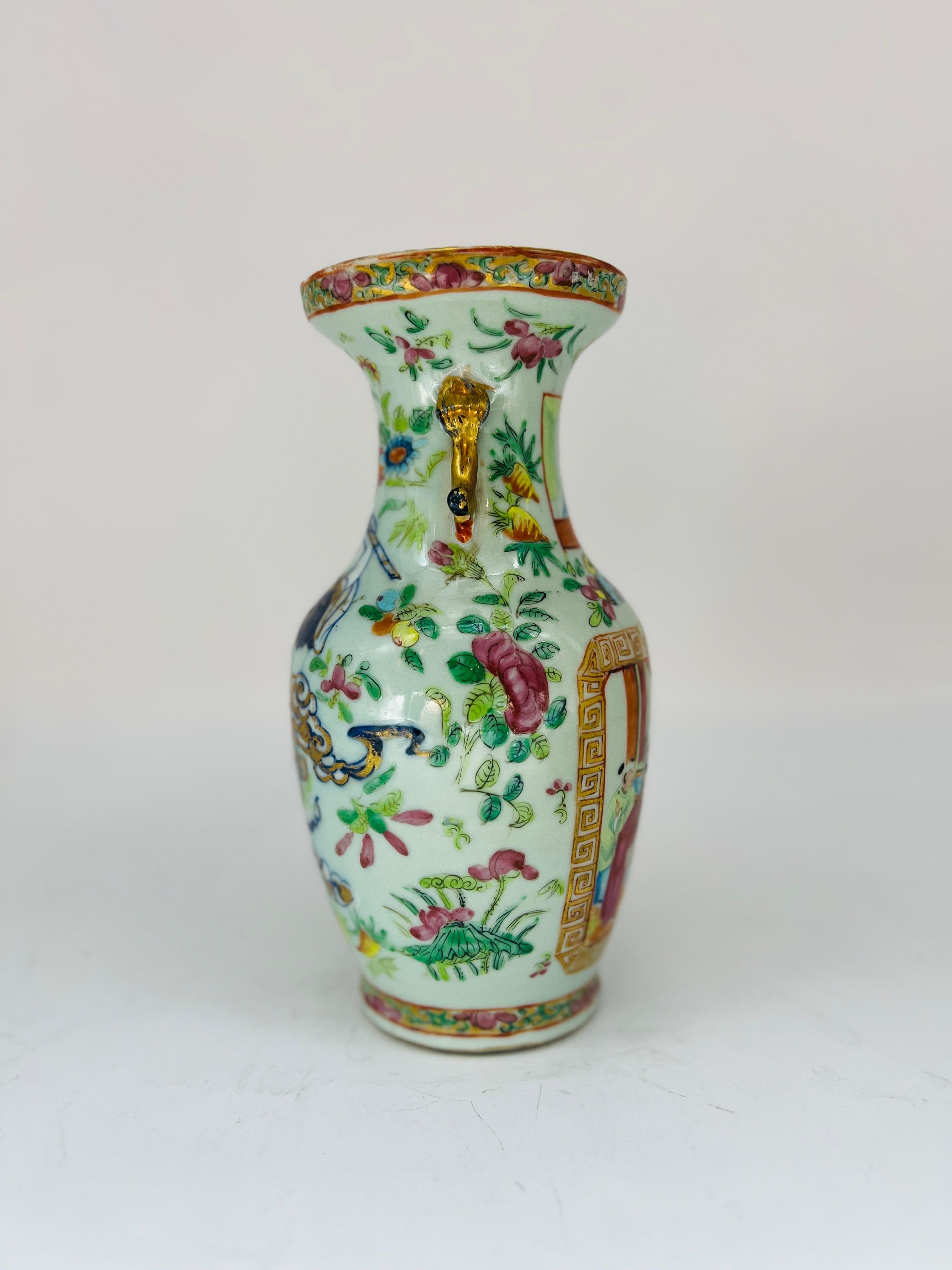 Unusual 19th Century Chinese Famille Rose Medallion Celadon Base Vase In Good Condition For Sale In Atlanta, GA