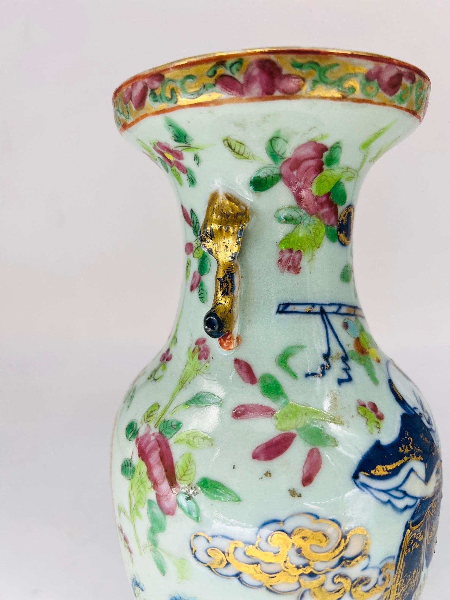 Unusual 19th Century Chinese Famille Rose Medallion Celadon Base Vase For Sale 1