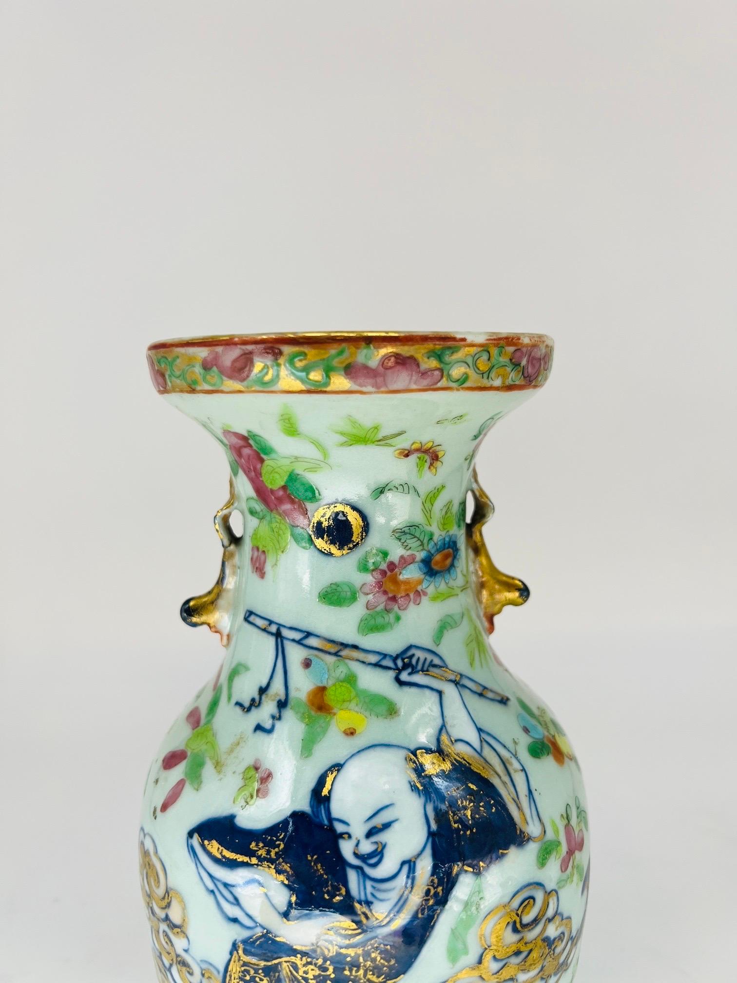 Unusual 19th Century Chinese Famille Rose Medallion Celadon Base Vase For Sale 2