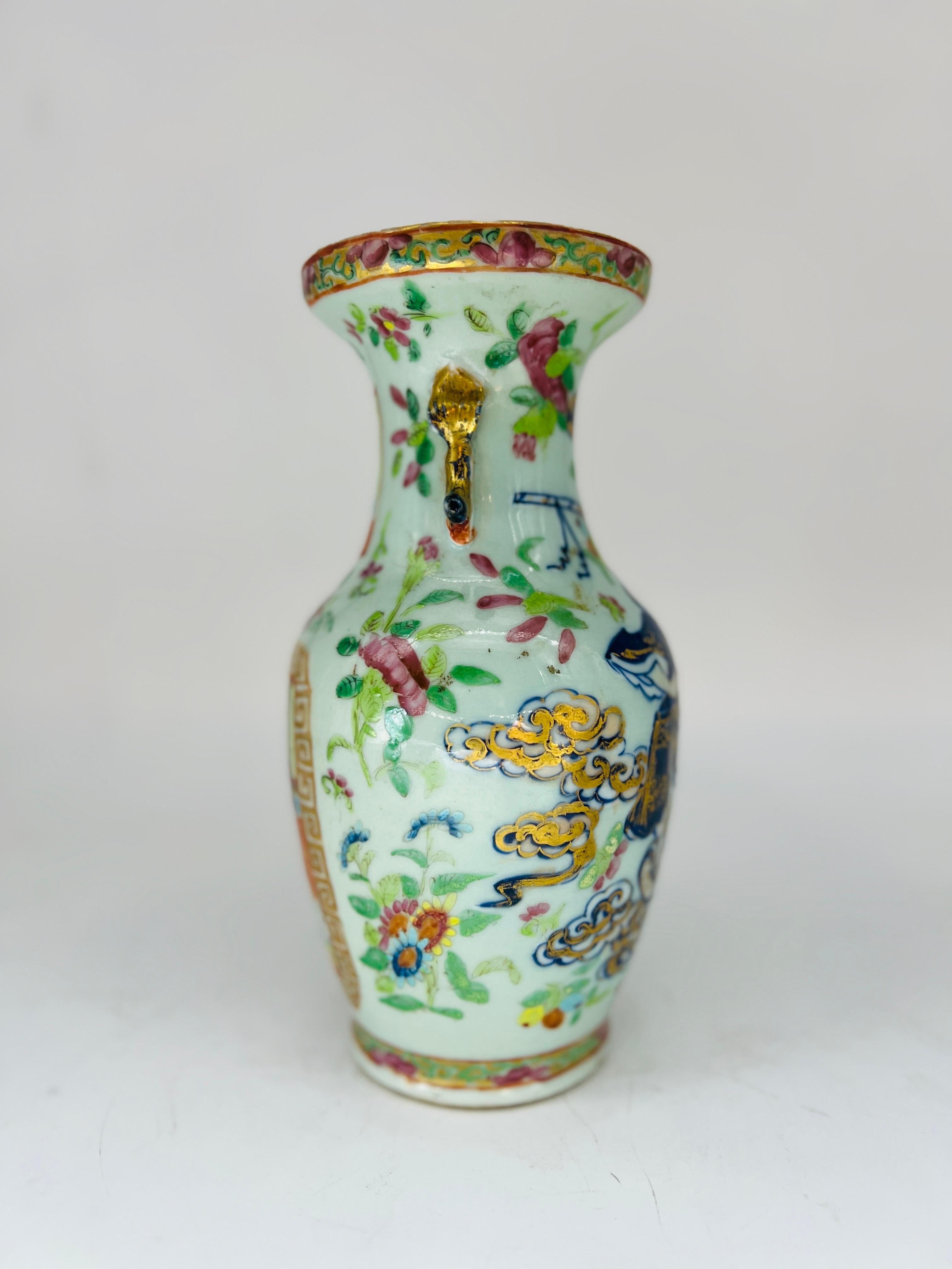 Unusual 19th Century Chinese Famille Rose Medallion Celadon Base Vase For Sale 5