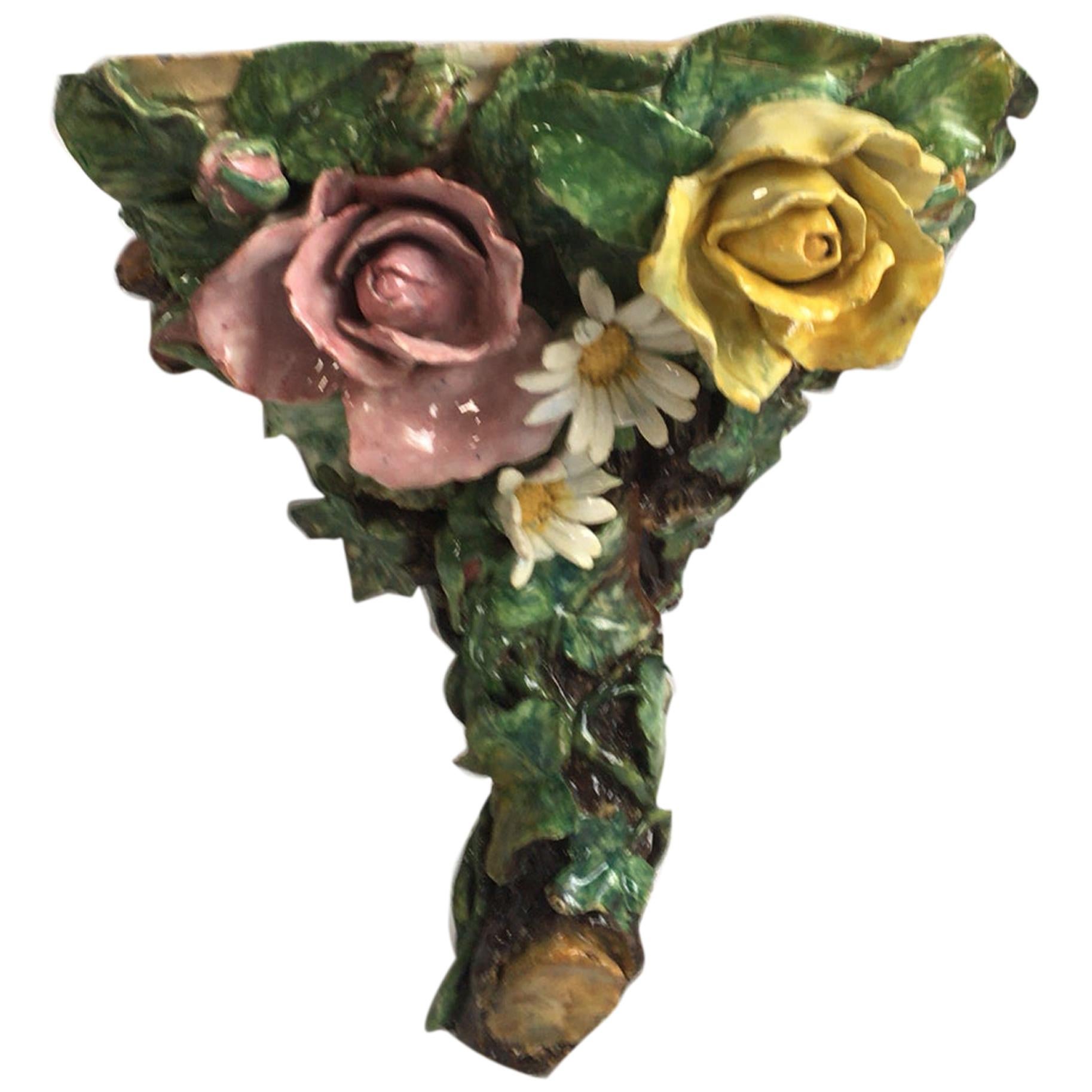 Unusual 19th Century French Majolica Sconce with Roses and Daisies For Sale