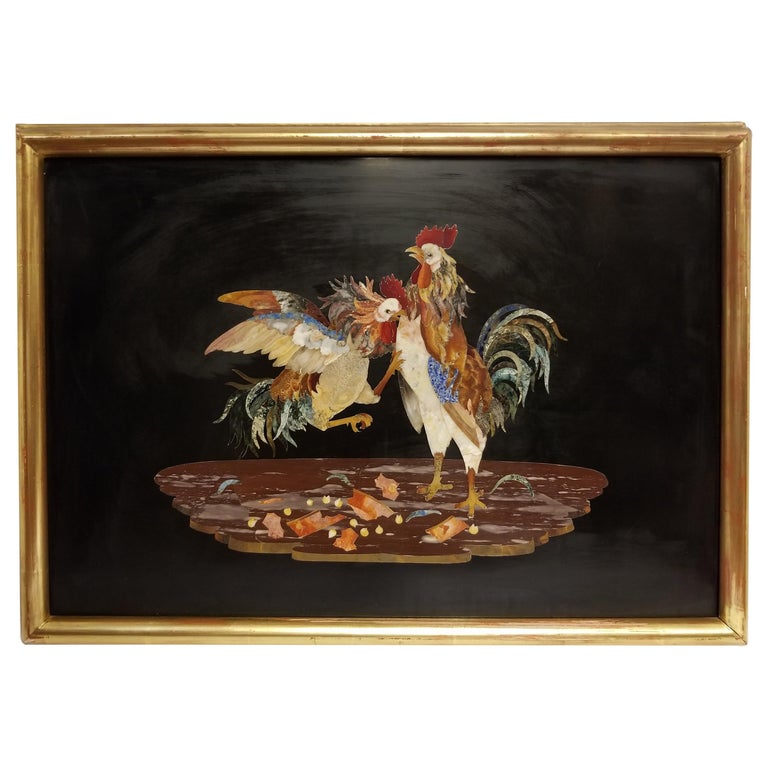 Unusual 19th Century Mosaic, Pietra Dura Plaque of "The Cock Fight" For Sale