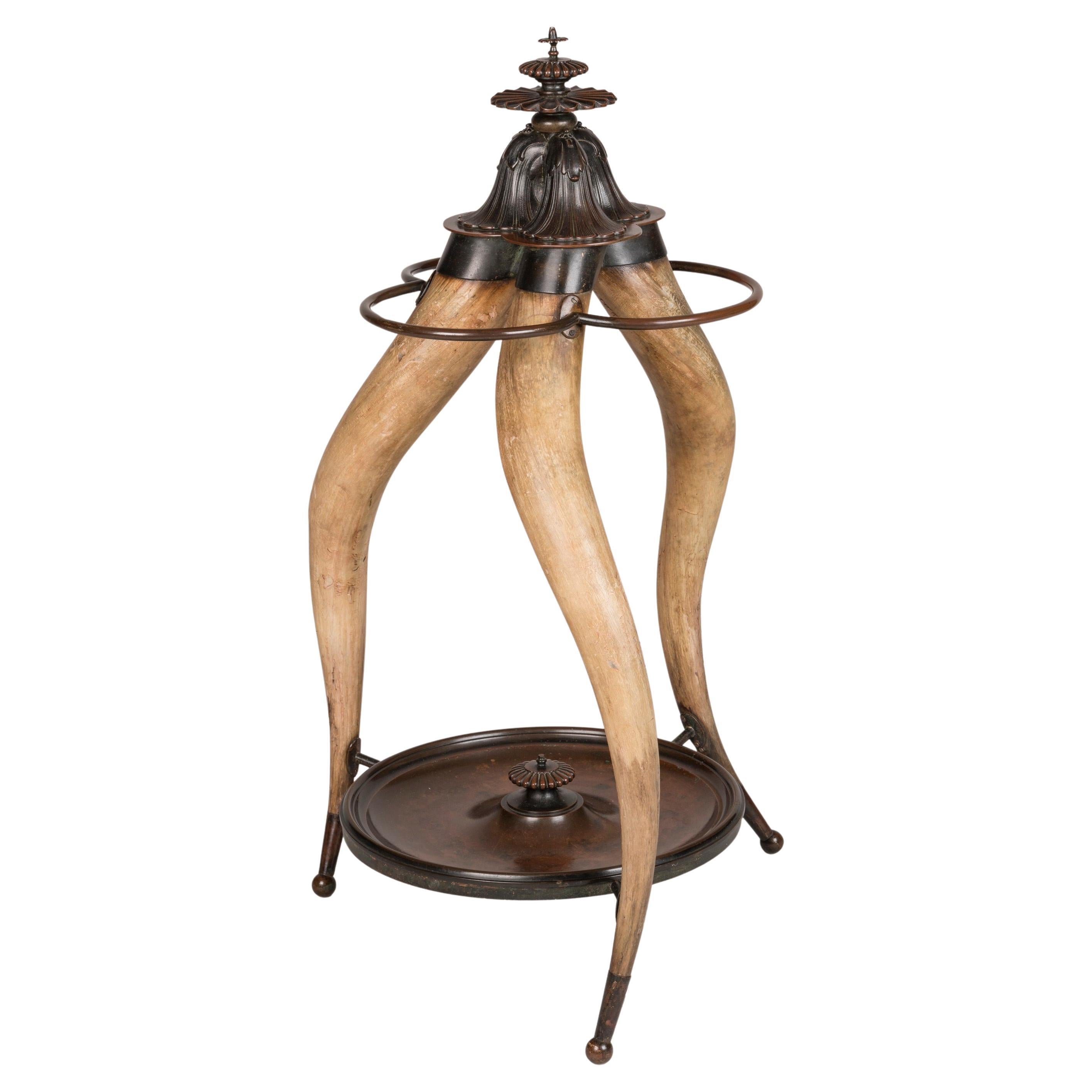 Unusual 19th Century Patinated Bronze-Mounted Longhorn Stick Stand For Sale