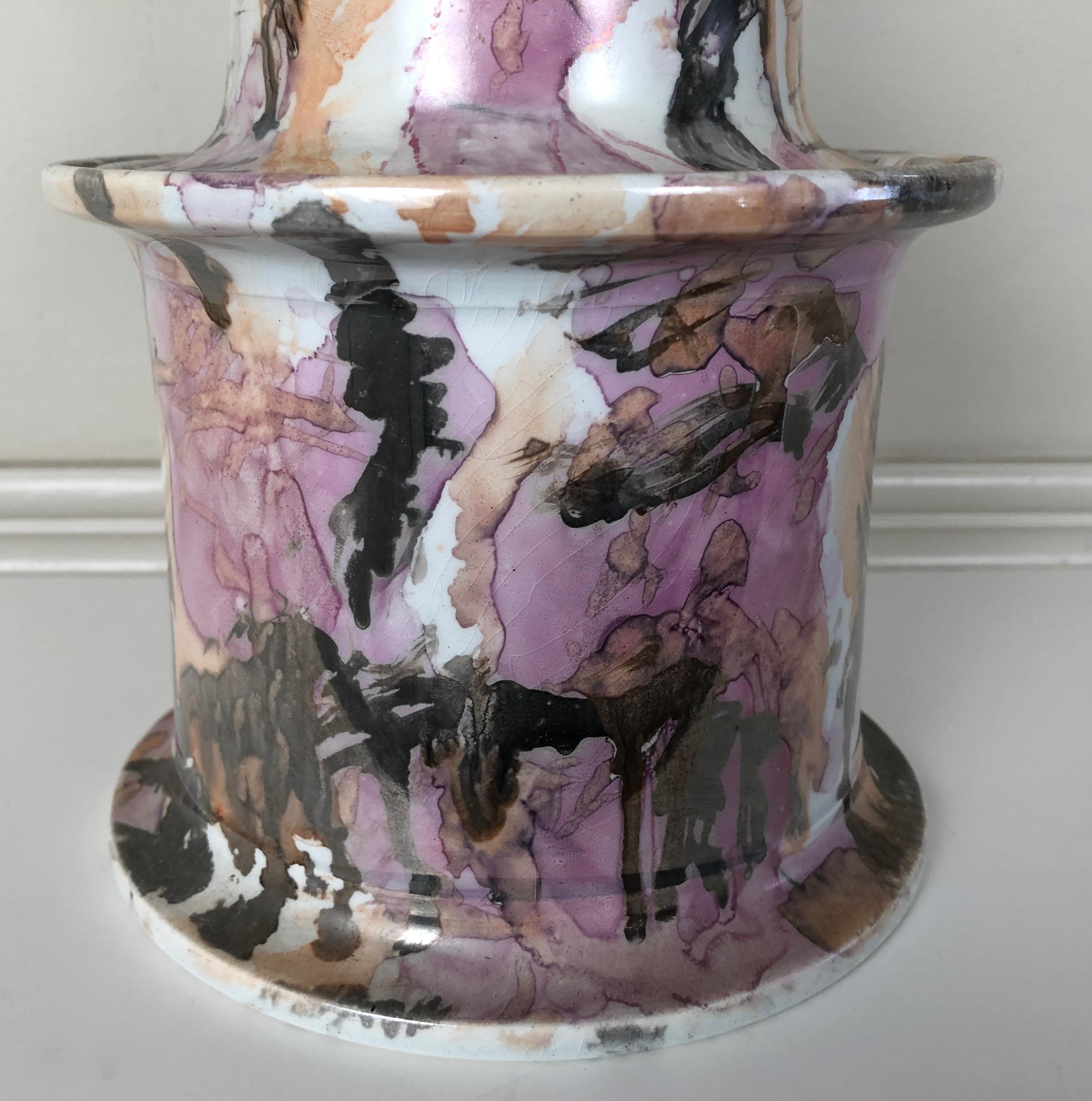 Unusual 19th Century Pink Lustreware Staffordshire Pottery Covered Jar In Good Condition In Essex, MA