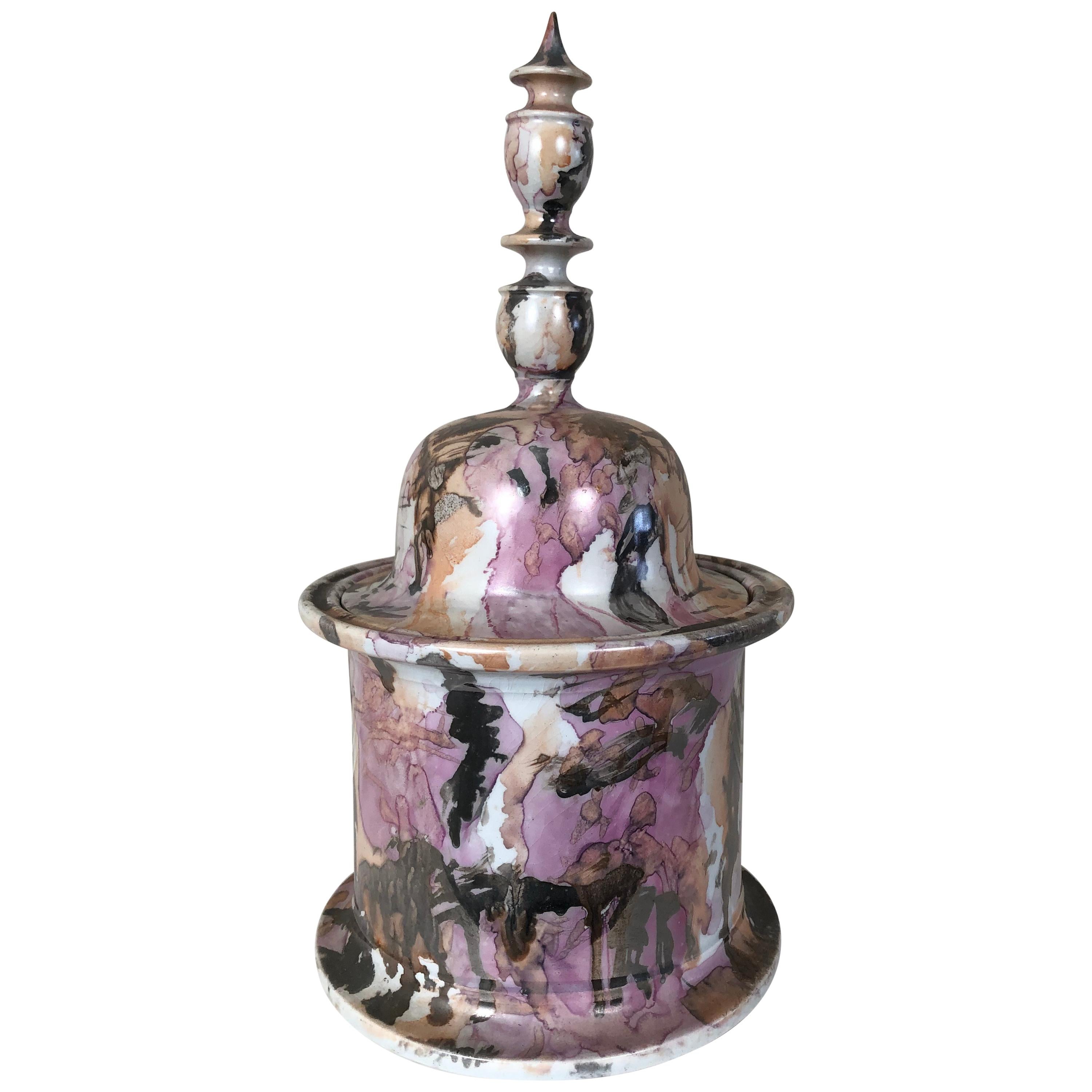 Unusual 19th Century Pink Lustreware Staffordshire Pottery Covered Jar