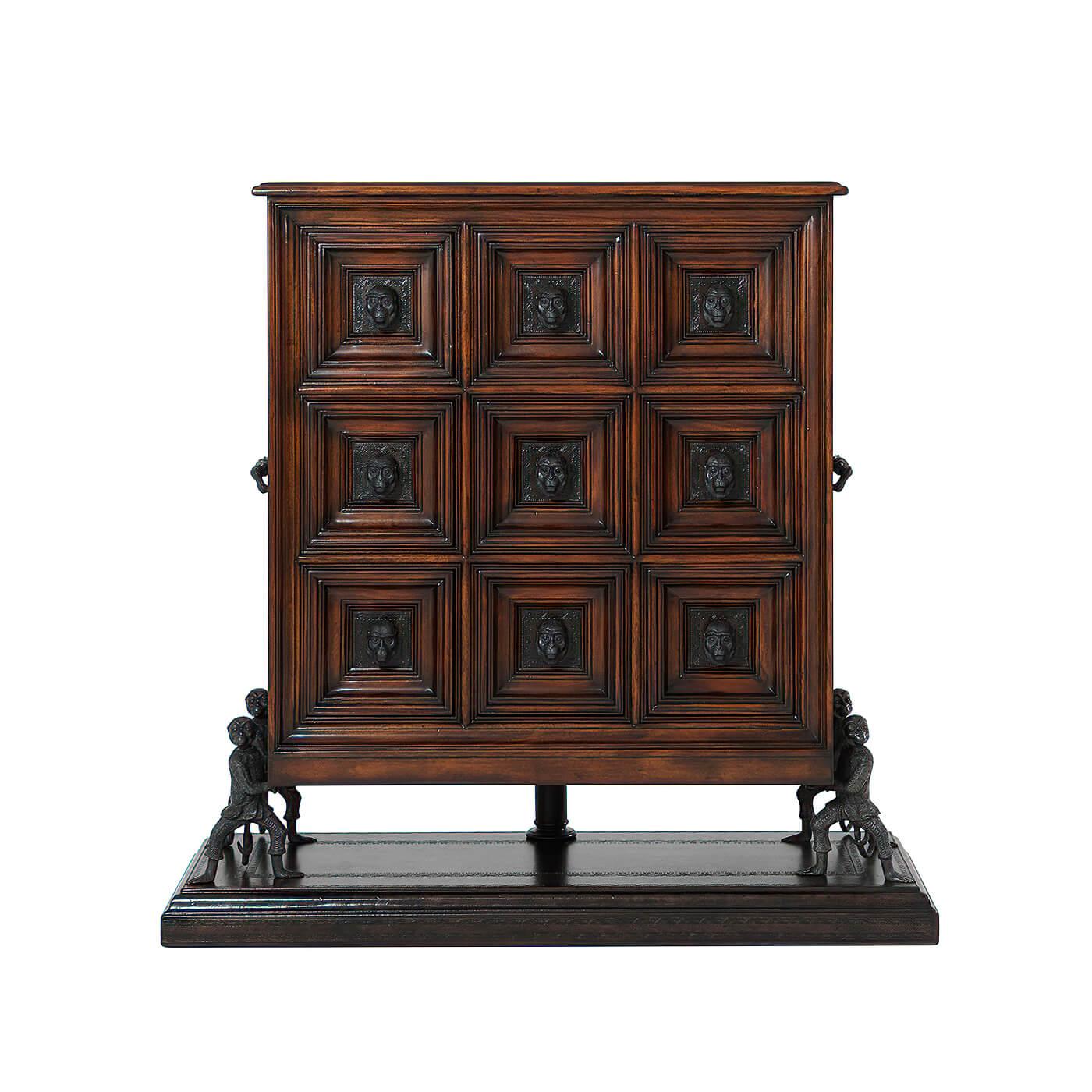 An unusual Italian 19th-century style leather panel chest on stand, with nine drawers having monkey head handles, on four brass monkey supports and a leather plinth base. The original 19th century Italian.

Dimension: 42.25