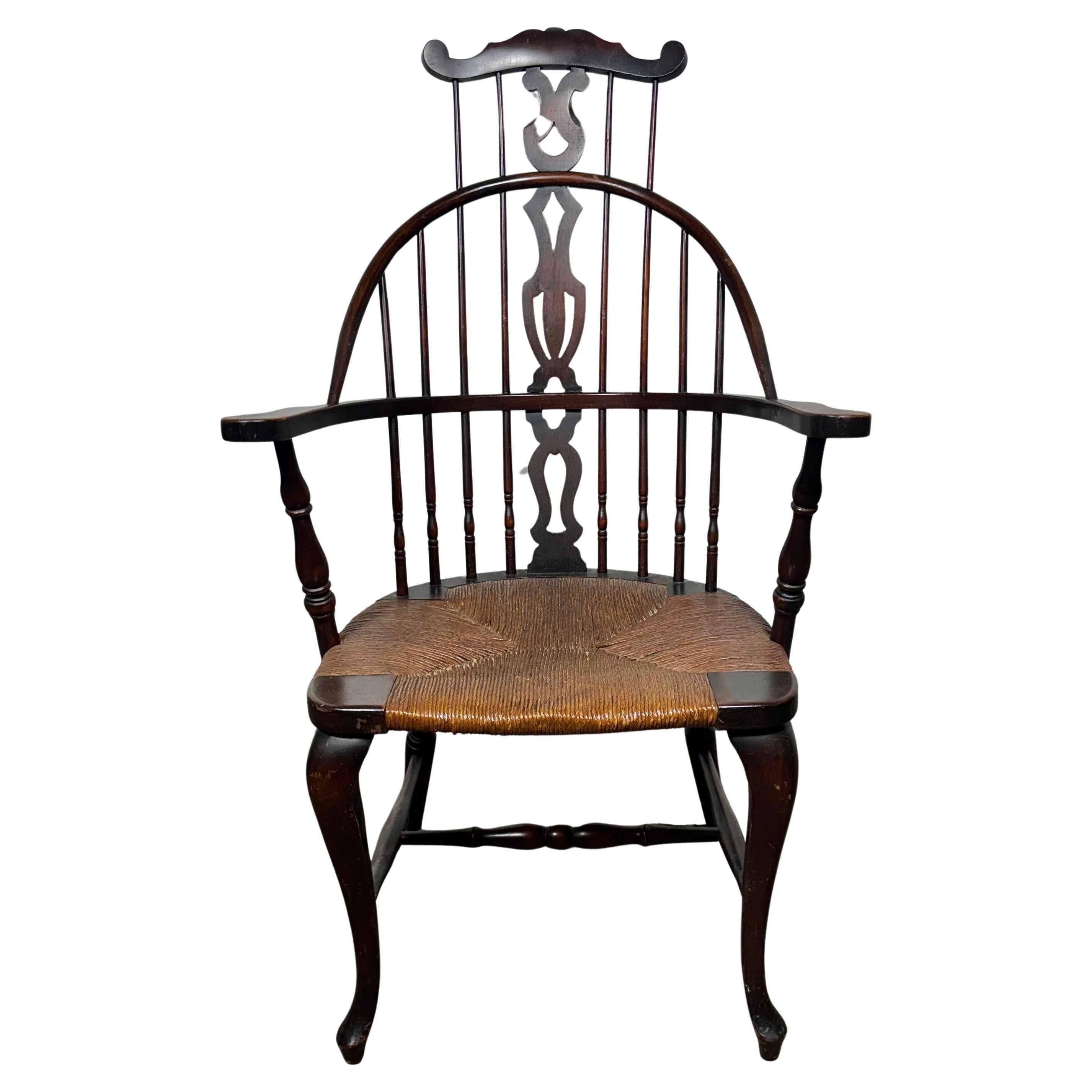Unusual 19th Century Windsor Arm Chair With Rush Seat..