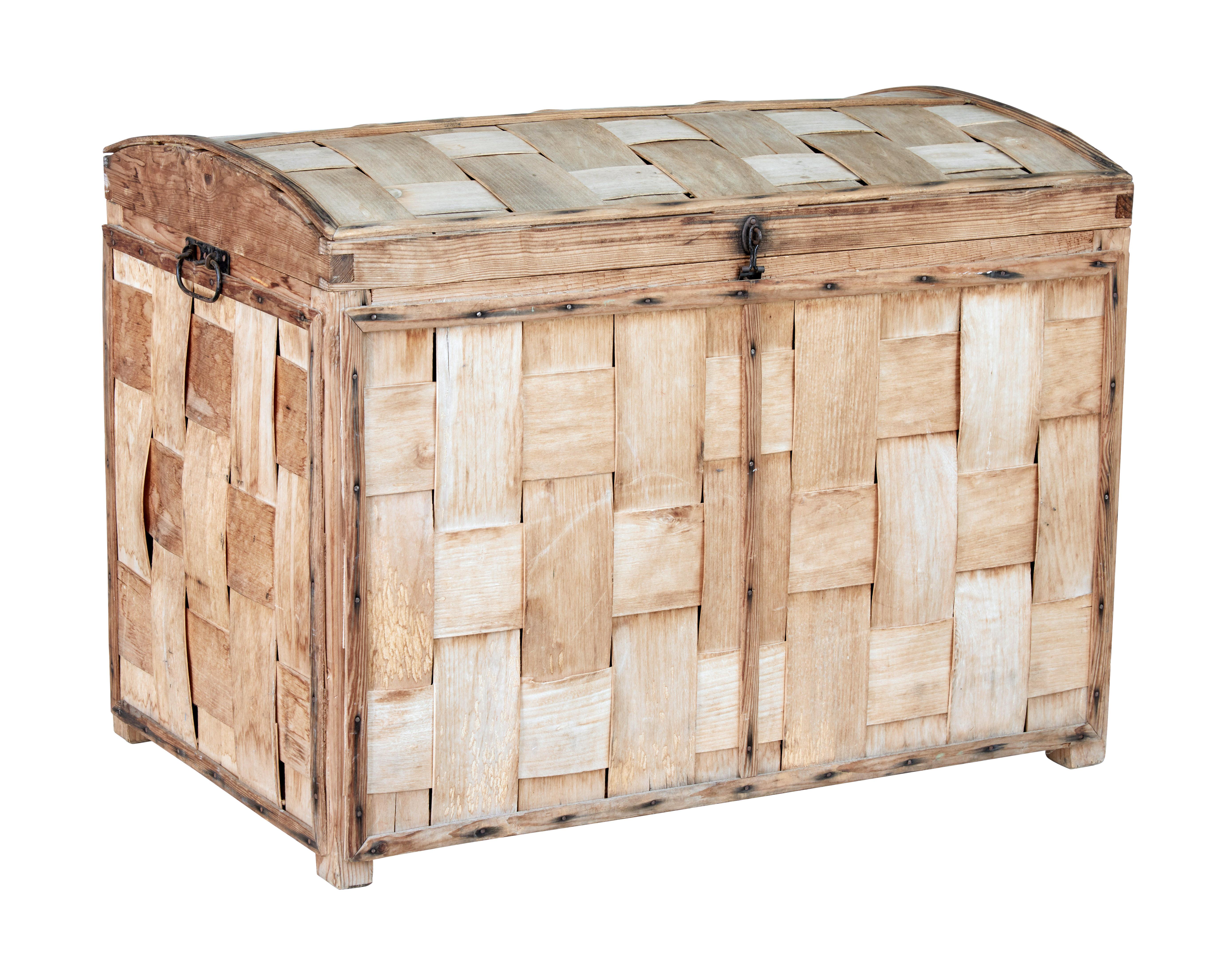 Unusual 19th century woven pine dome top trunk, circa 1890.

Scandinavian trunk made from inter woven strips of pine, with an outer pine frame. Hinged dome top lid with securing latch.

Minor surface marks and natural fading, ready for everyday