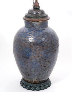 Unusual 19th Ct. Persian Ceramic Jar Converted Lamp W/ Wonderful Bronze Hardware