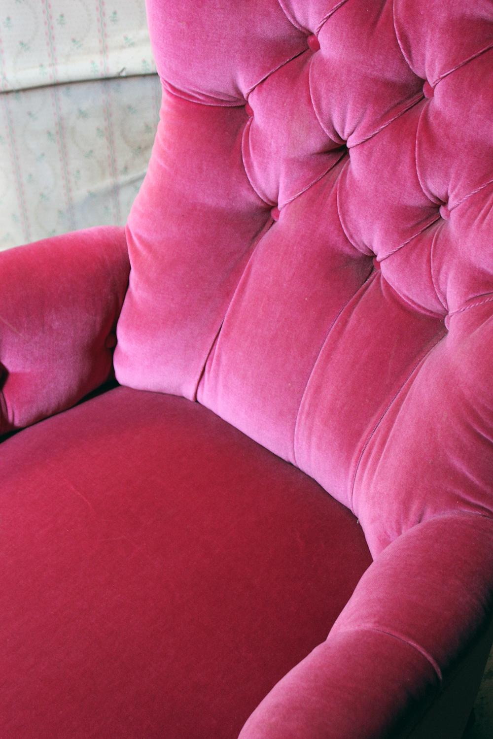 Unusual 19th Century French Pink Upholstered Spoon Back Armchair, circa 1870 4