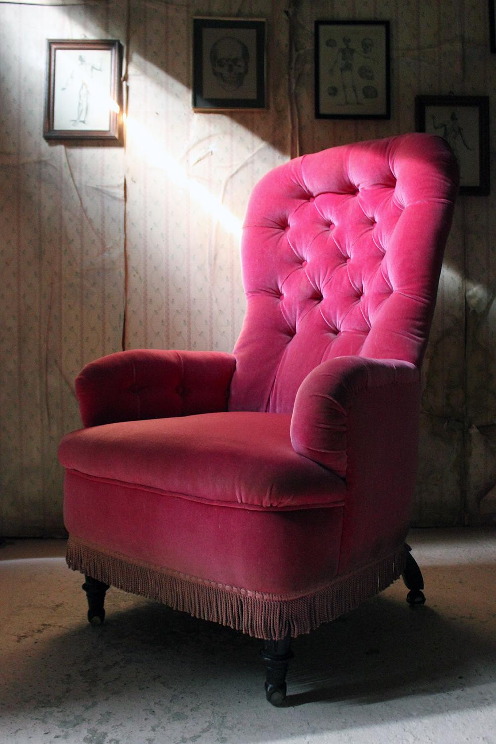Unusual 19th Century French Pink Upholstered Spoon Back Armchair, circa 1870 5