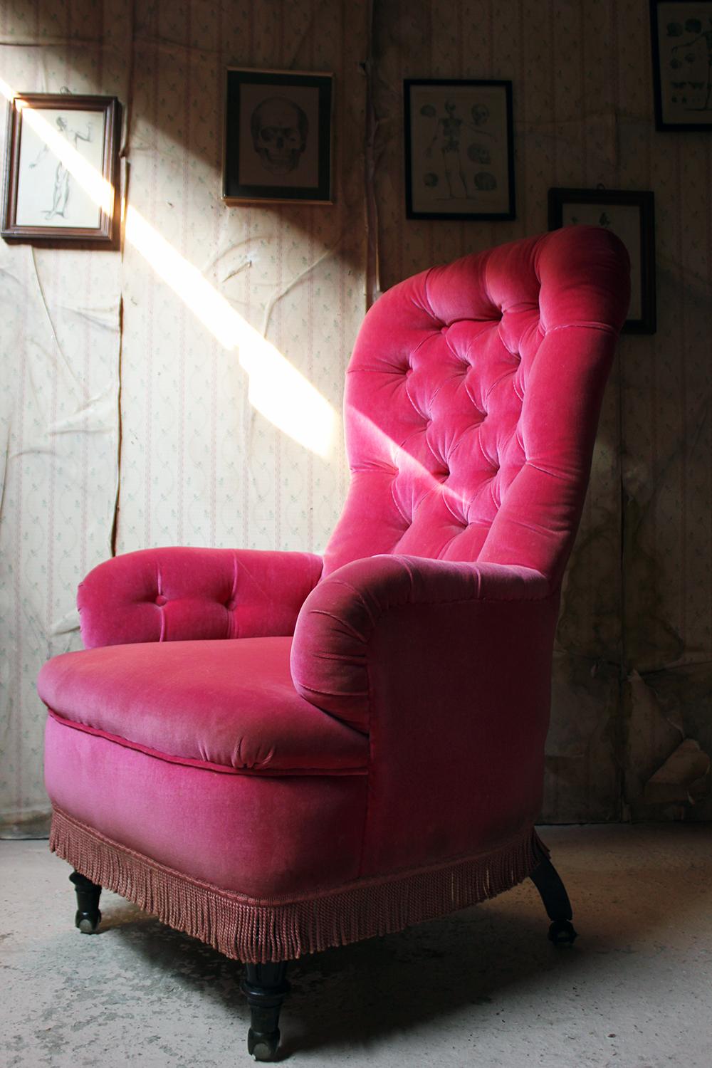 Unusual 19th Century French Pink Upholstered Spoon Back Armchair, circa 1870 6