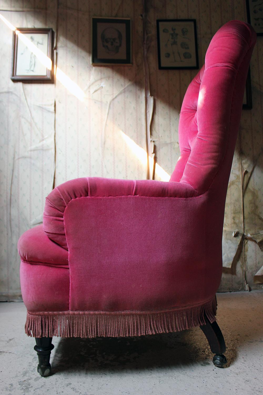 Unusual 19th Century French Pink Upholstered Spoon Back Armchair, circa 1870 7