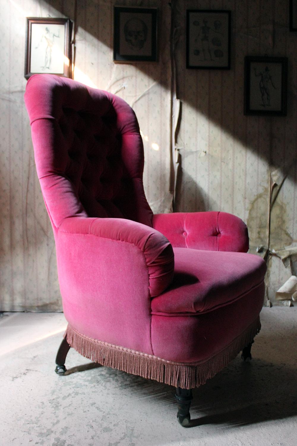 Unusual 19th Century French Pink Upholstered Spoon Back Armchair, circa 1870 10