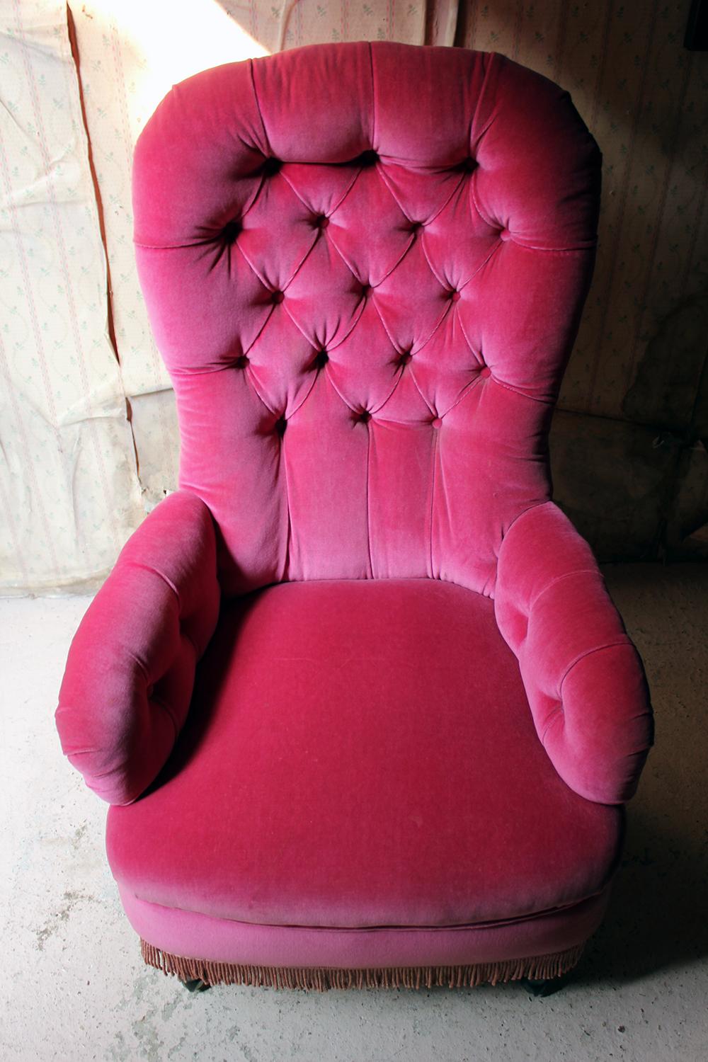 Unusual 19th Century French Pink Upholstered Spoon Back Armchair, circa 1870 11