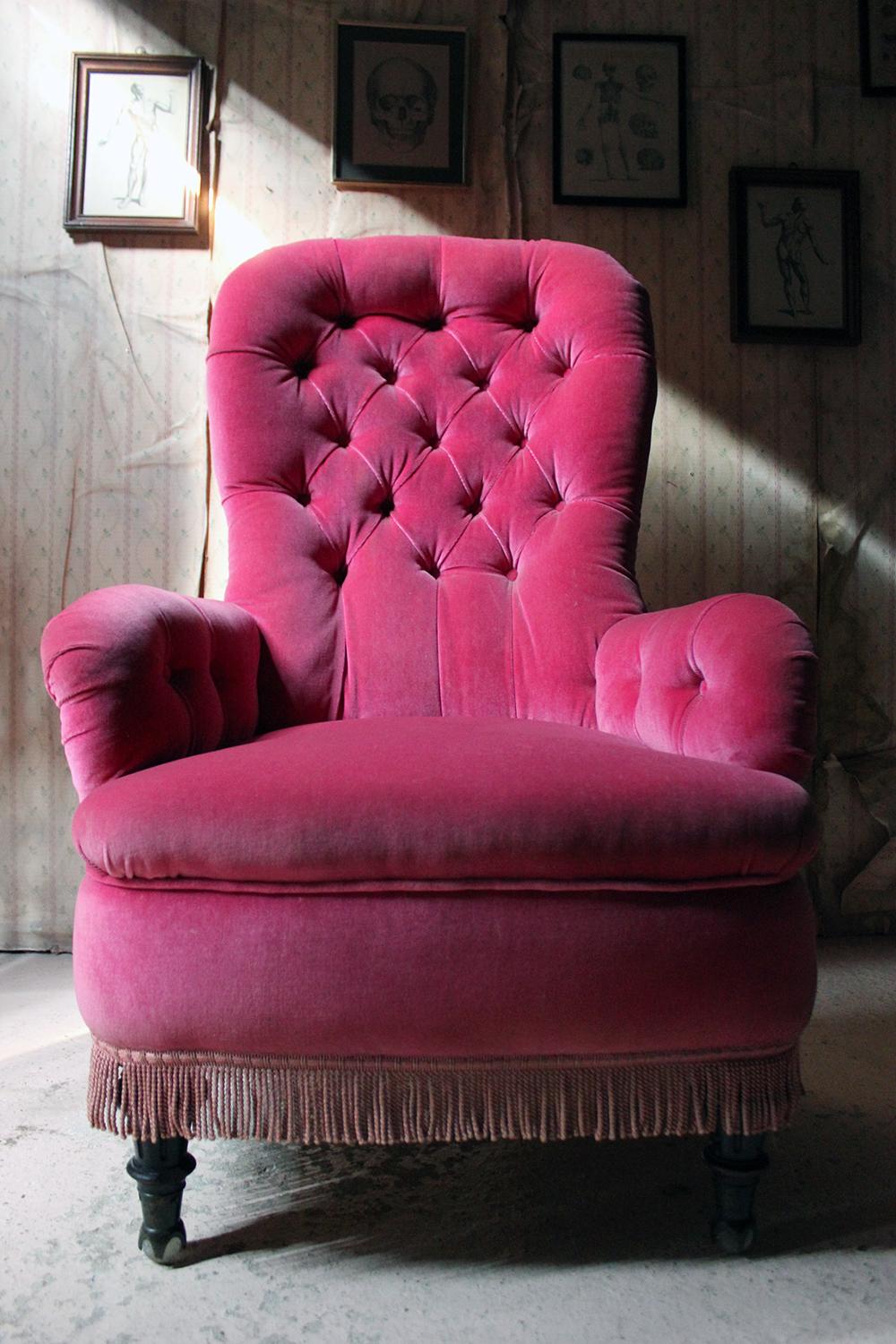 Unusual 19th Century French Pink Upholstered Spoon Back Armchair, circa 1870 12