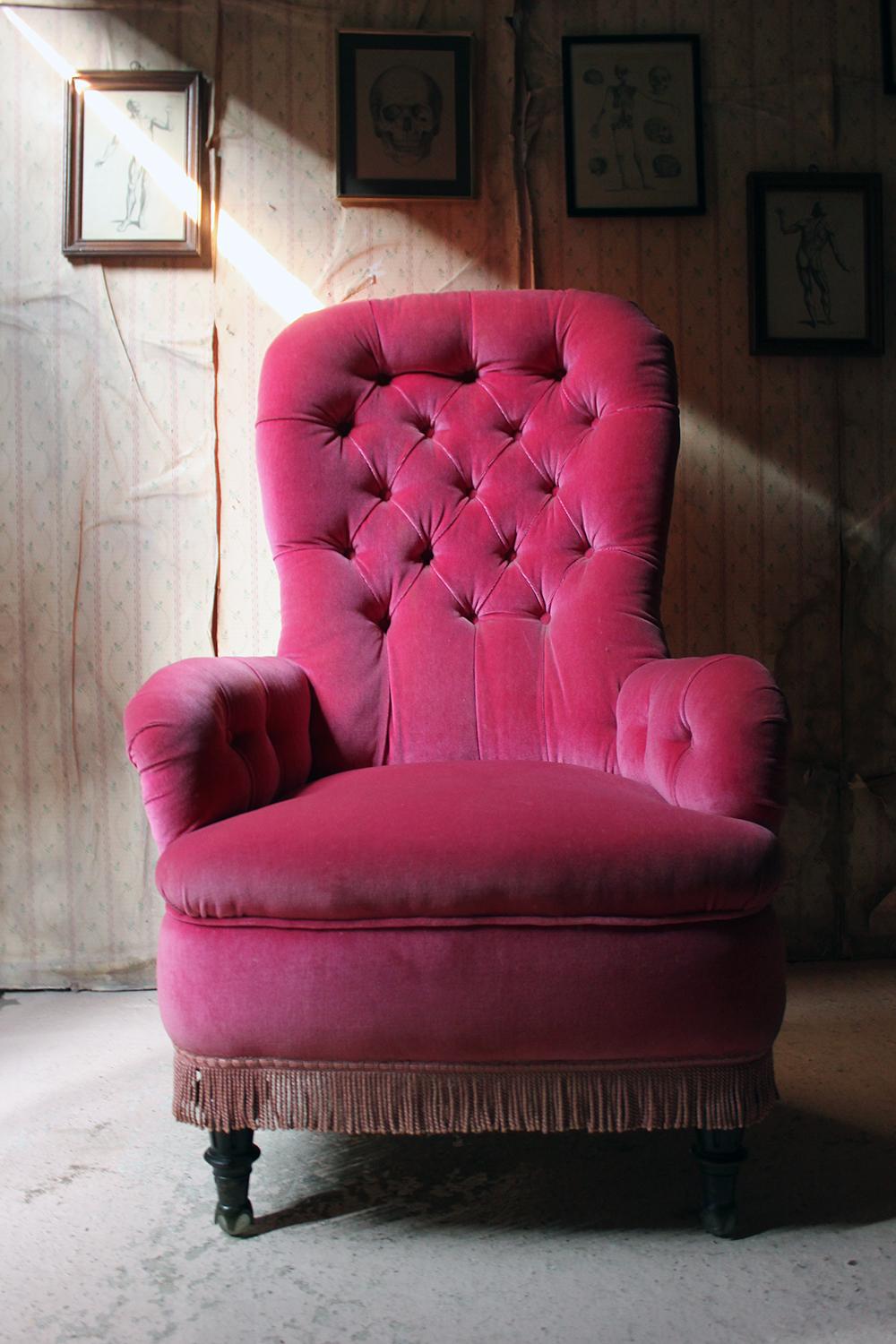 Unusual 19th Century French Pink Upholstered Spoon Back Armchair, circa 1870 13
