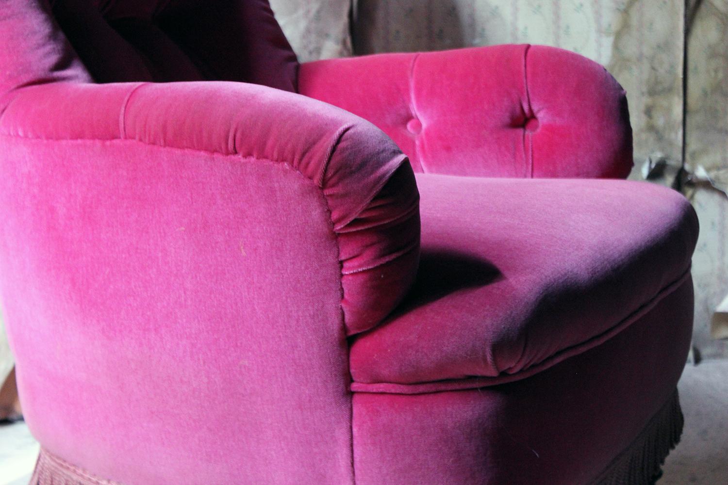 High Victorian Unusual 19th Century French Pink Upholstered Spoon Back Armchair, circa 1870