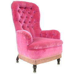 Antique Unusual 19th Century French Pink Upholstered Spoon Back Armchair, circa 1870