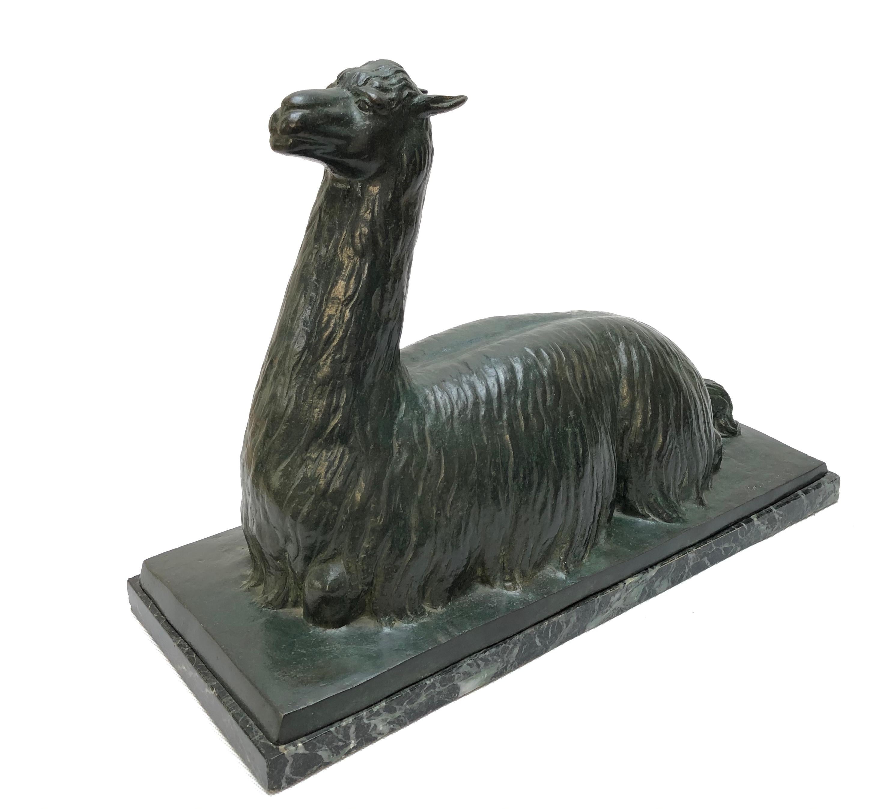 An unusual 20th century South American bronze model of a Llama
Depicted lying down on a rectangular base and Verde Antico green marble plinth, signed Respinoza C. and with foundry stamp inscribed Fundicion Campaiola
Measures: 33cm high, 47cm wide,
