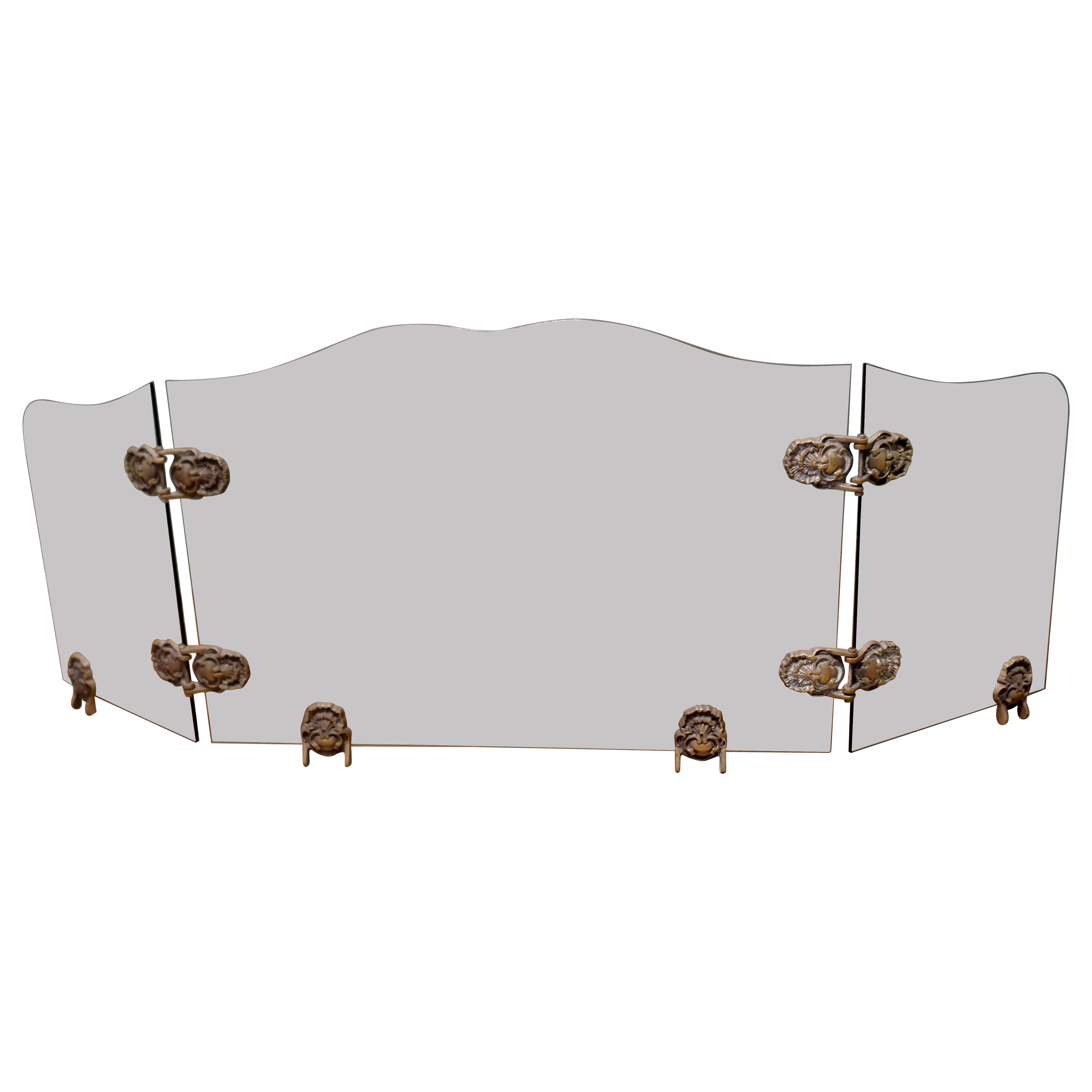 Unusual 3 Fold French Brass and Glass Fire Guard