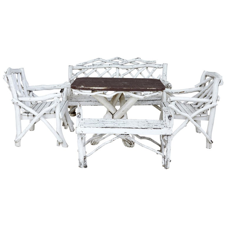 Unusual 5 Piece Painted Natural Wood Garden Set For Sale at 1stDibs