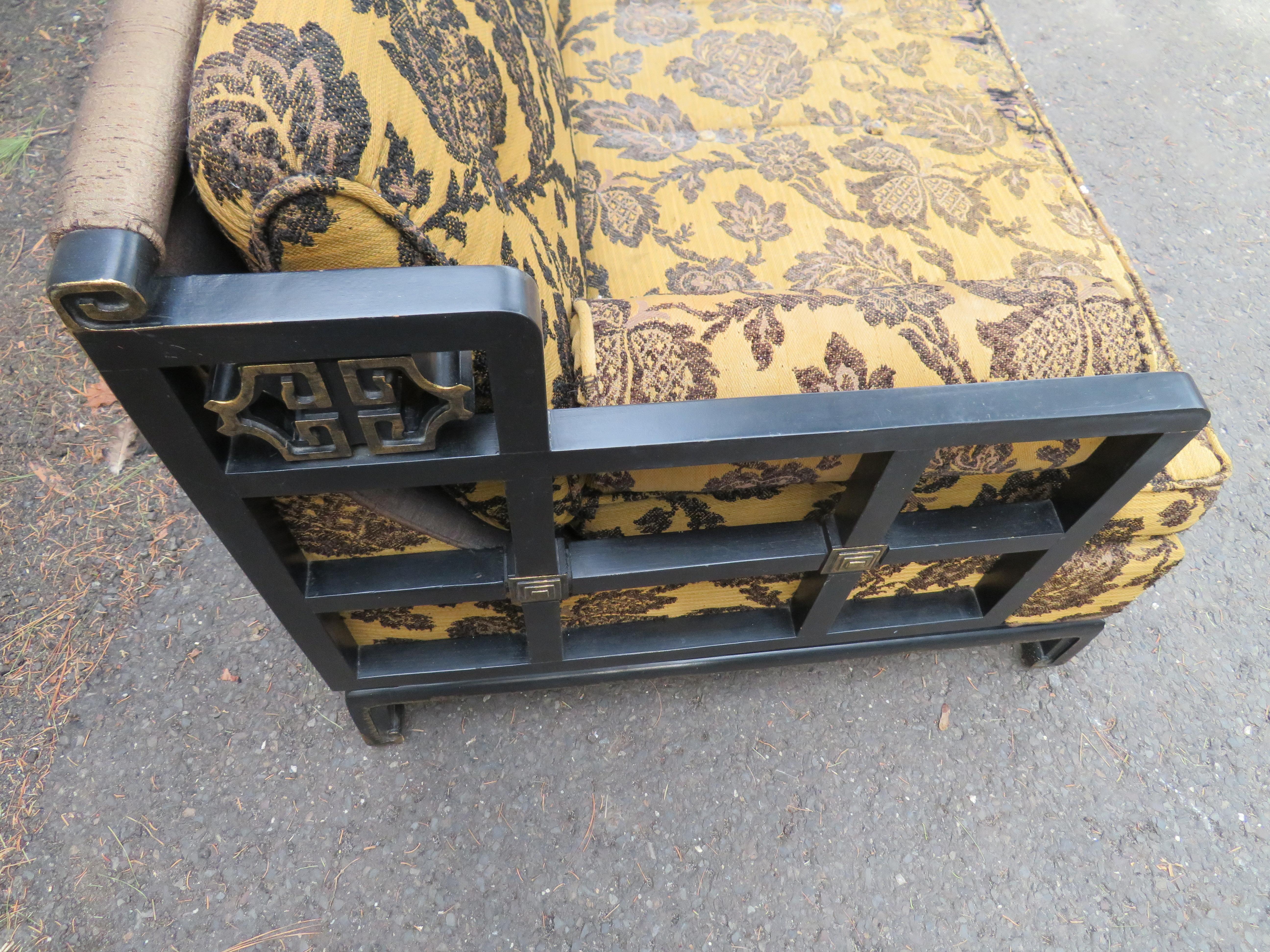 American Unusual 1970s Asian James Mont style Black Lacquered Sofa Midcentury Chinoiserie For Sale