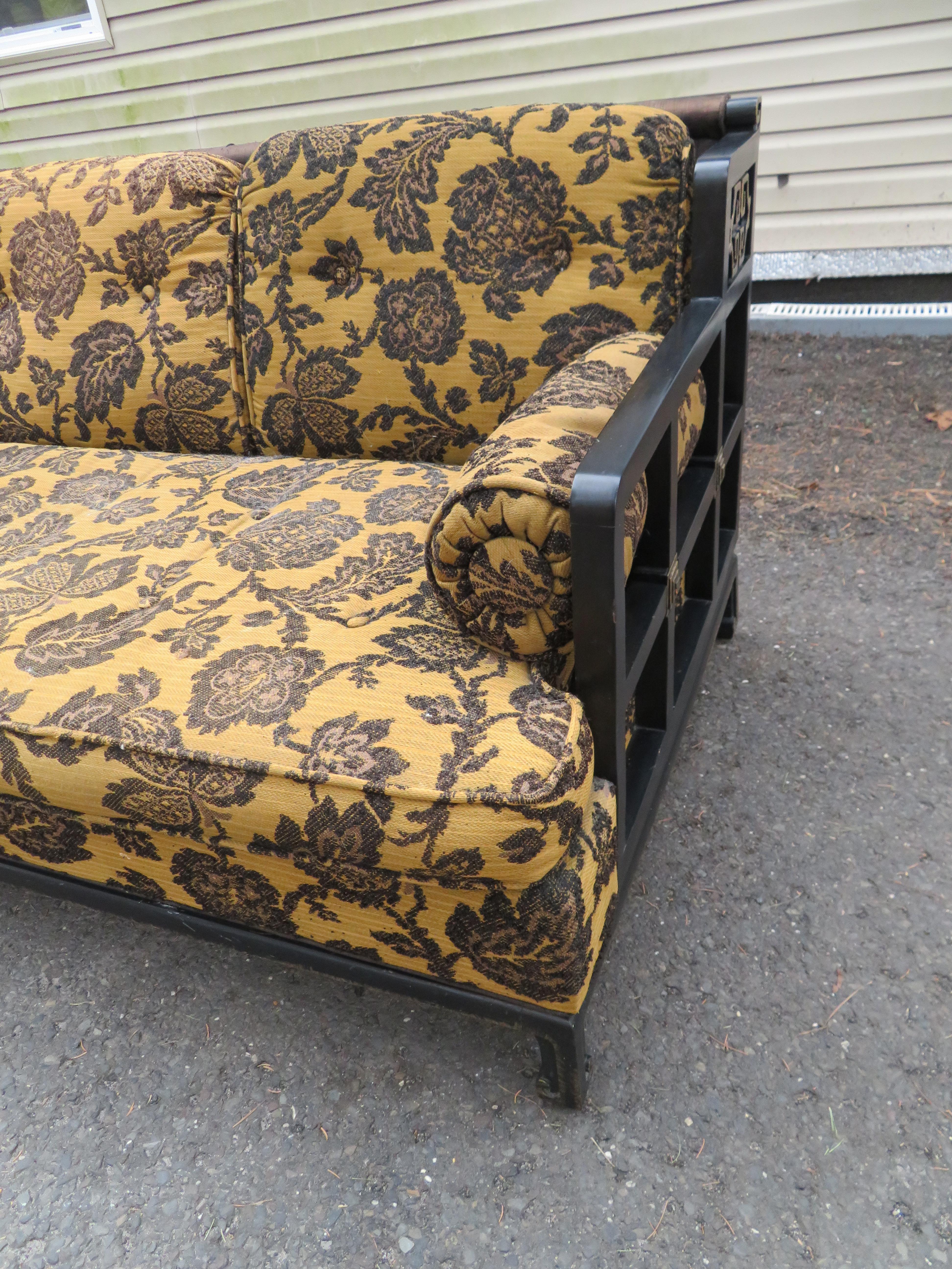 Painted Unusual 1970s Asian James Mont style Black Lacquered Sofa Midcentury Chinoiserie For Sale