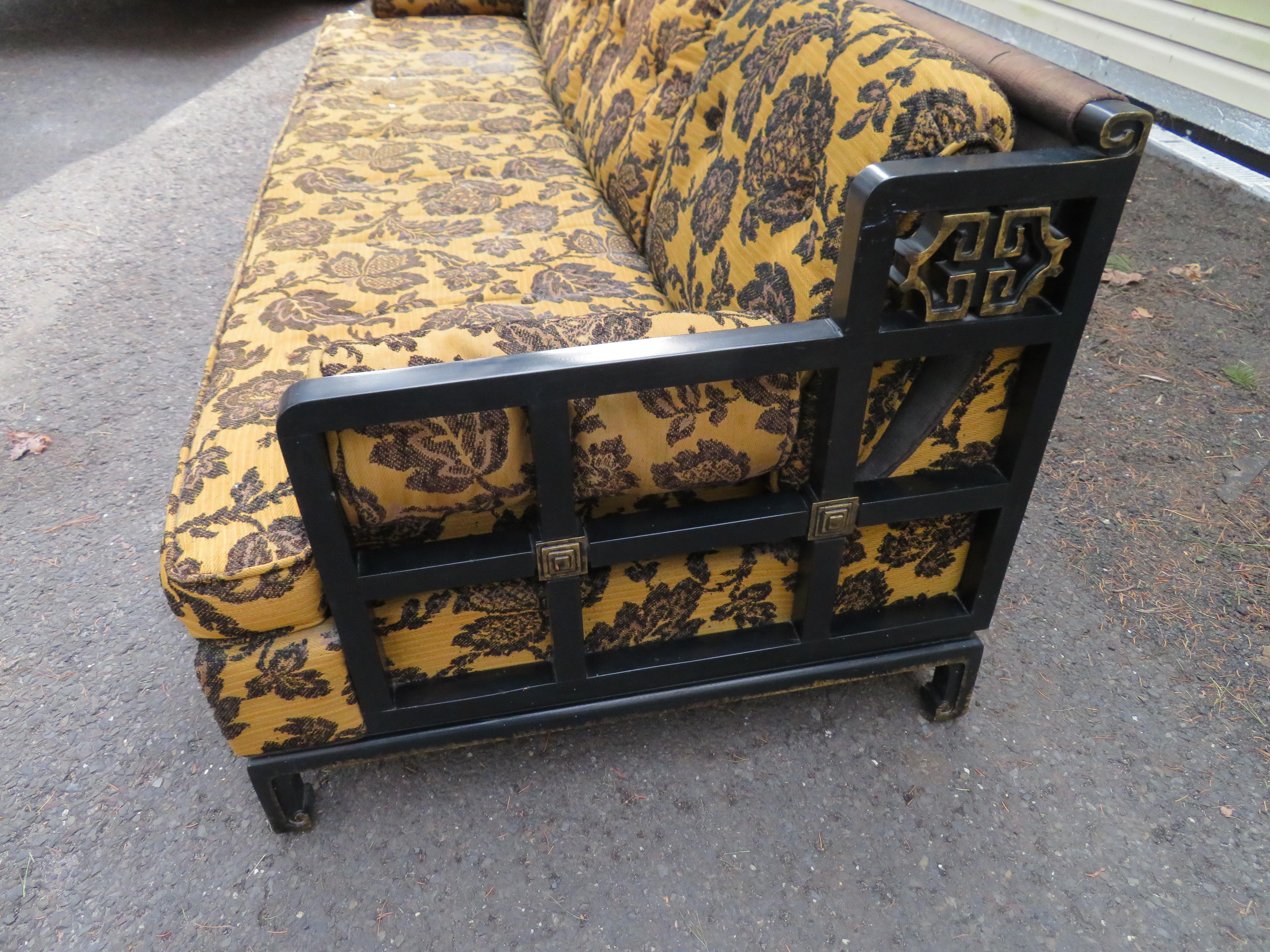 Unusual 1970s Asian James Mont style Black Lacquered Sofa Midcentury Chinoiserie In Good Condition For Sale In Pemberton, NJ