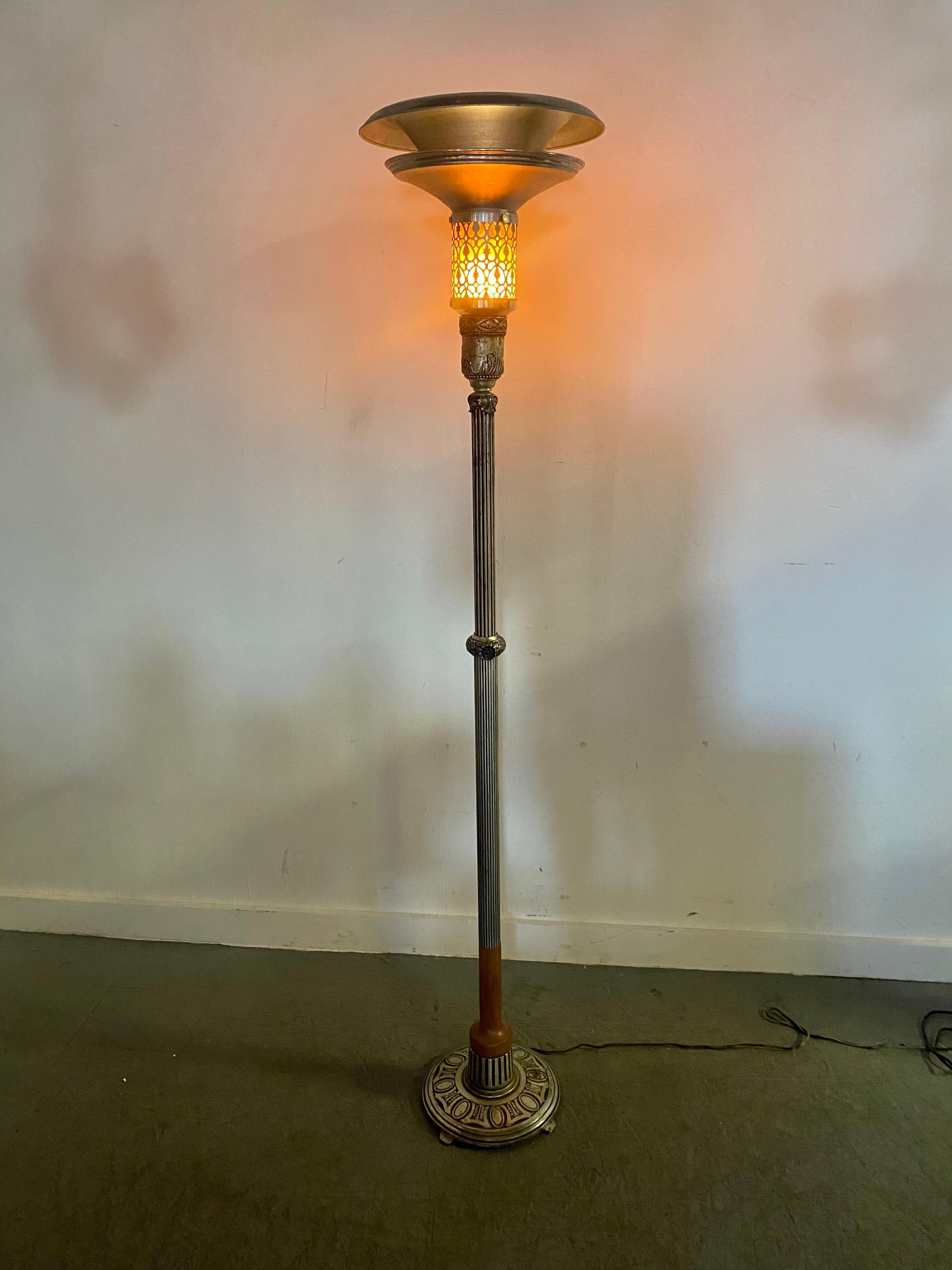  Unusual Aluminum , wood , mica Art Deco Torchere , floor lamp,   adjustable height from 53