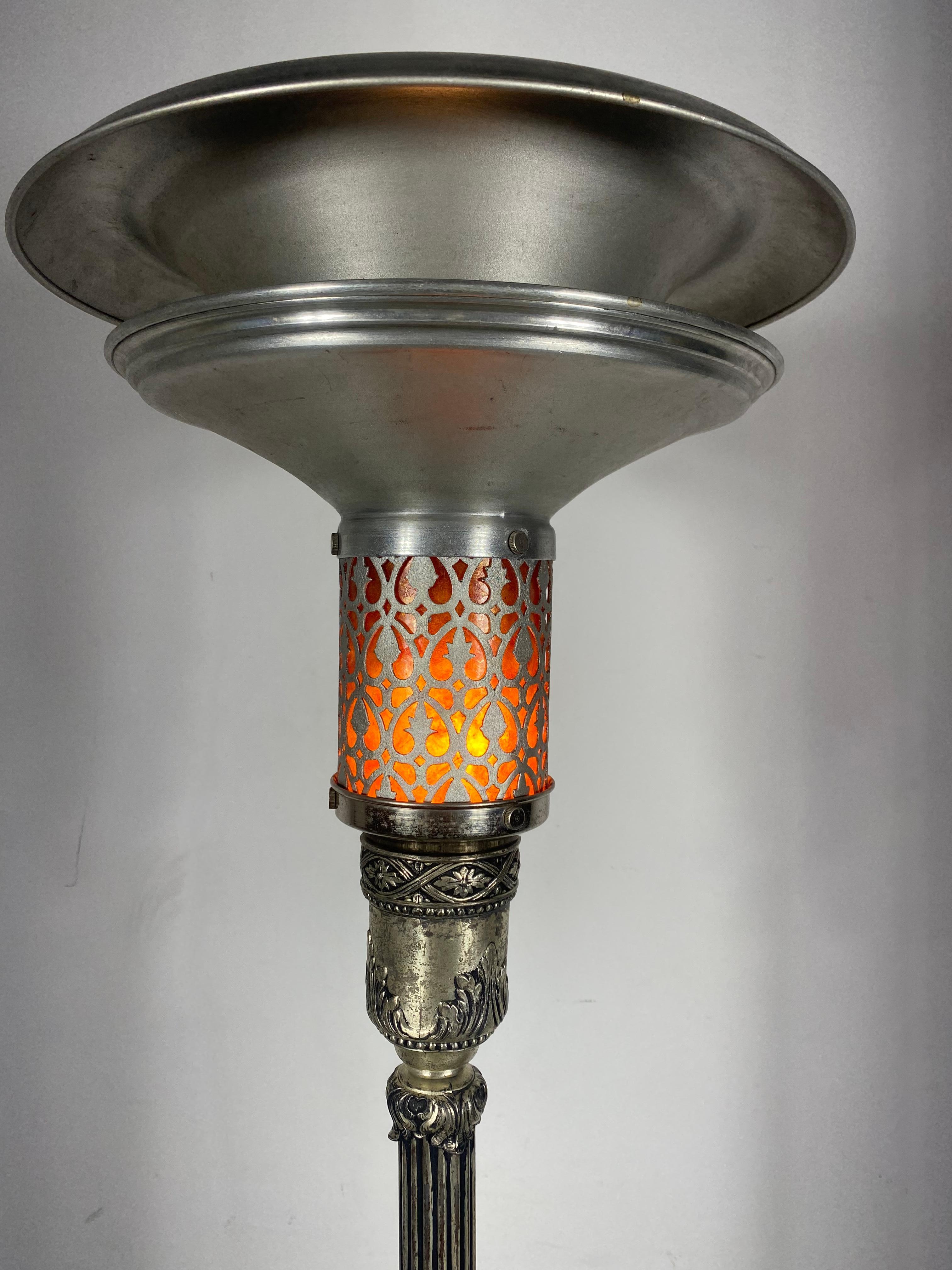 American Unusual Aluminum , wood , mica Art Deco Torchere / floor lamp  For Sale