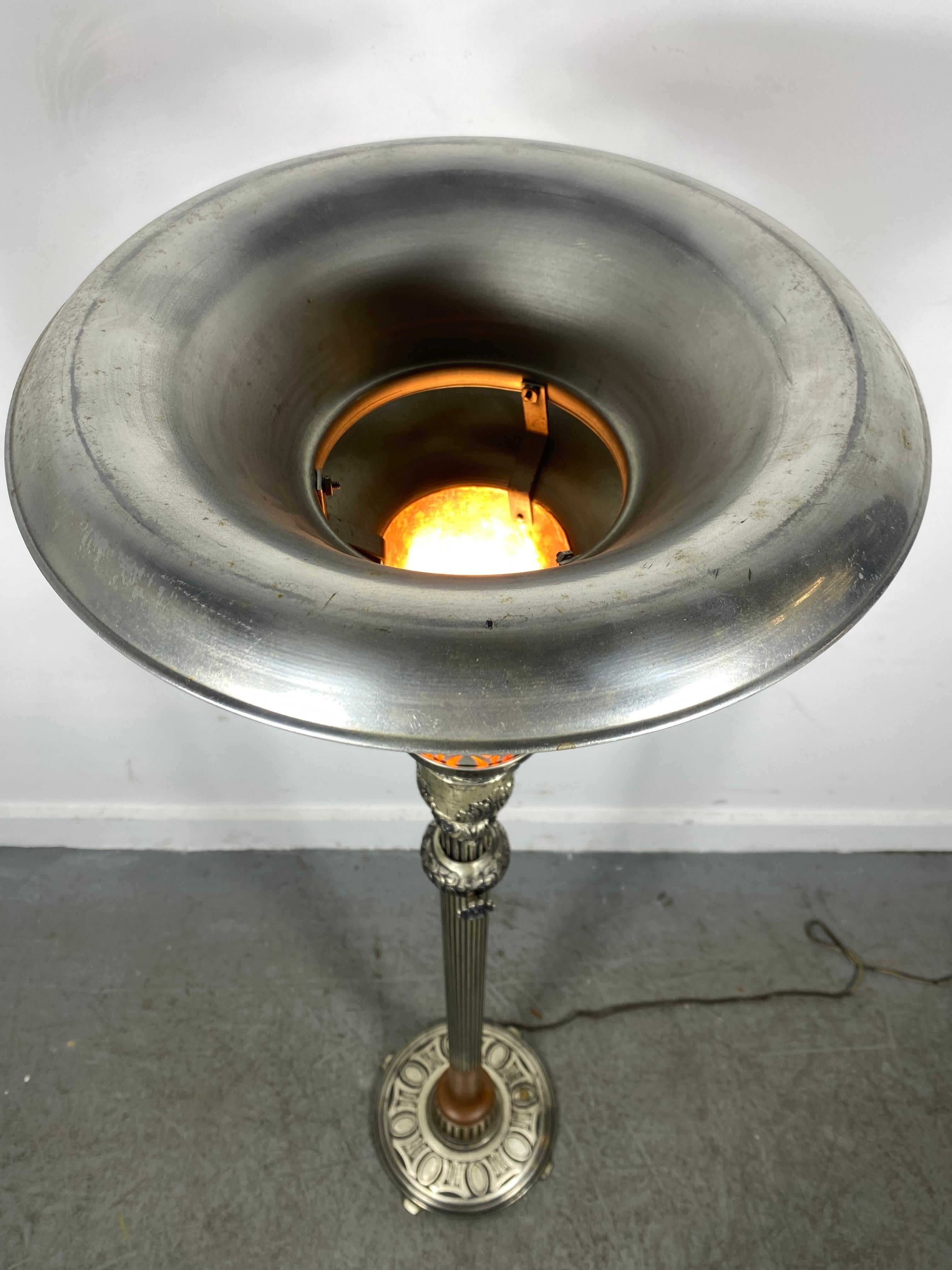 Unusual Aluminum , wood , mica Art Deco Torchere / floor lamp  In Good Condition For Sale In Buffalo, NY