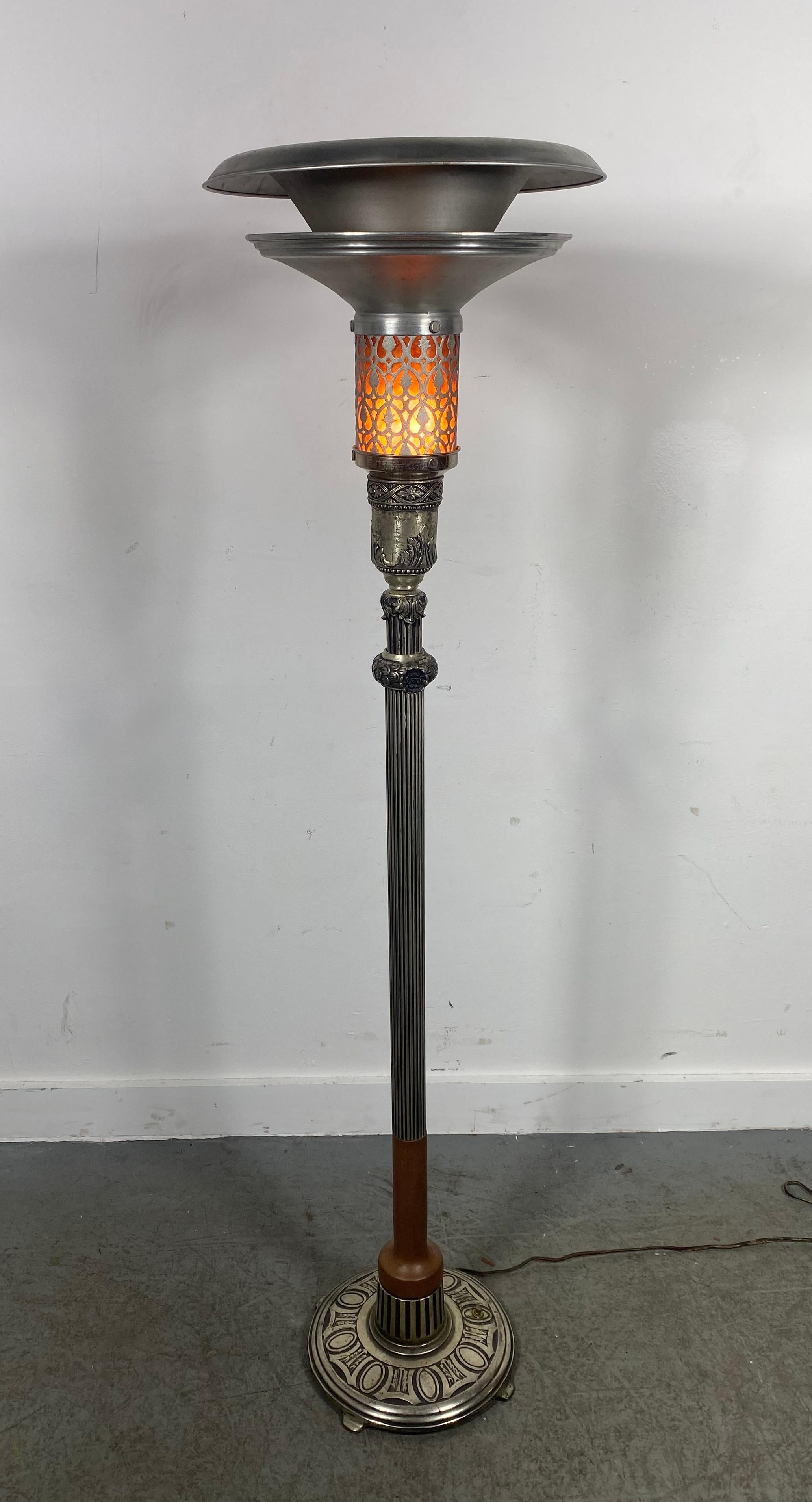 Unusual Aluminum , wood , mica Art Deco Torchere / floor lamp  For Sale 1
