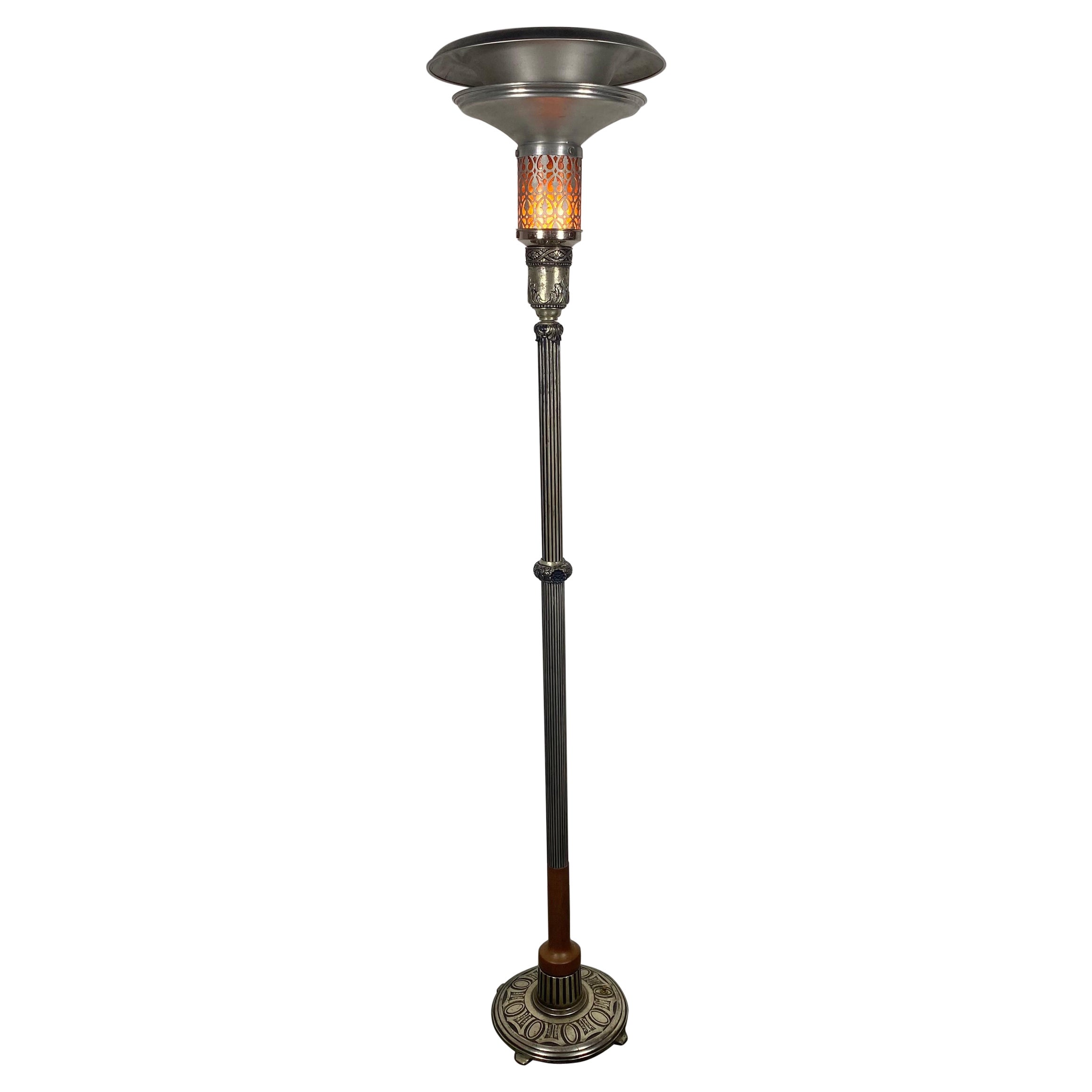 Unusual Aluminum , wood , mica Art Deco Torchere / floor lamp