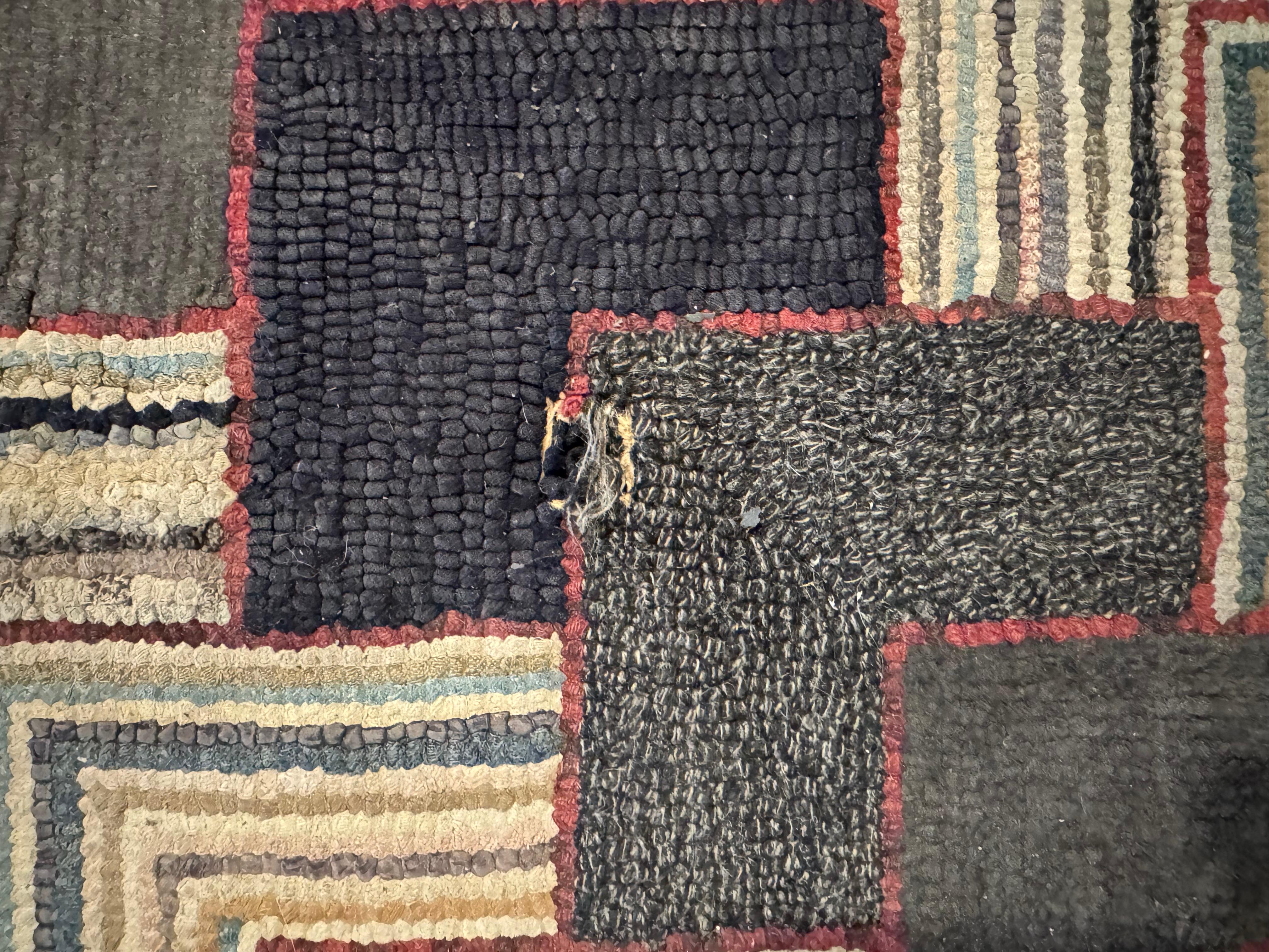 Unusual American Antique Geometric Hook Rug, c.1930s 4