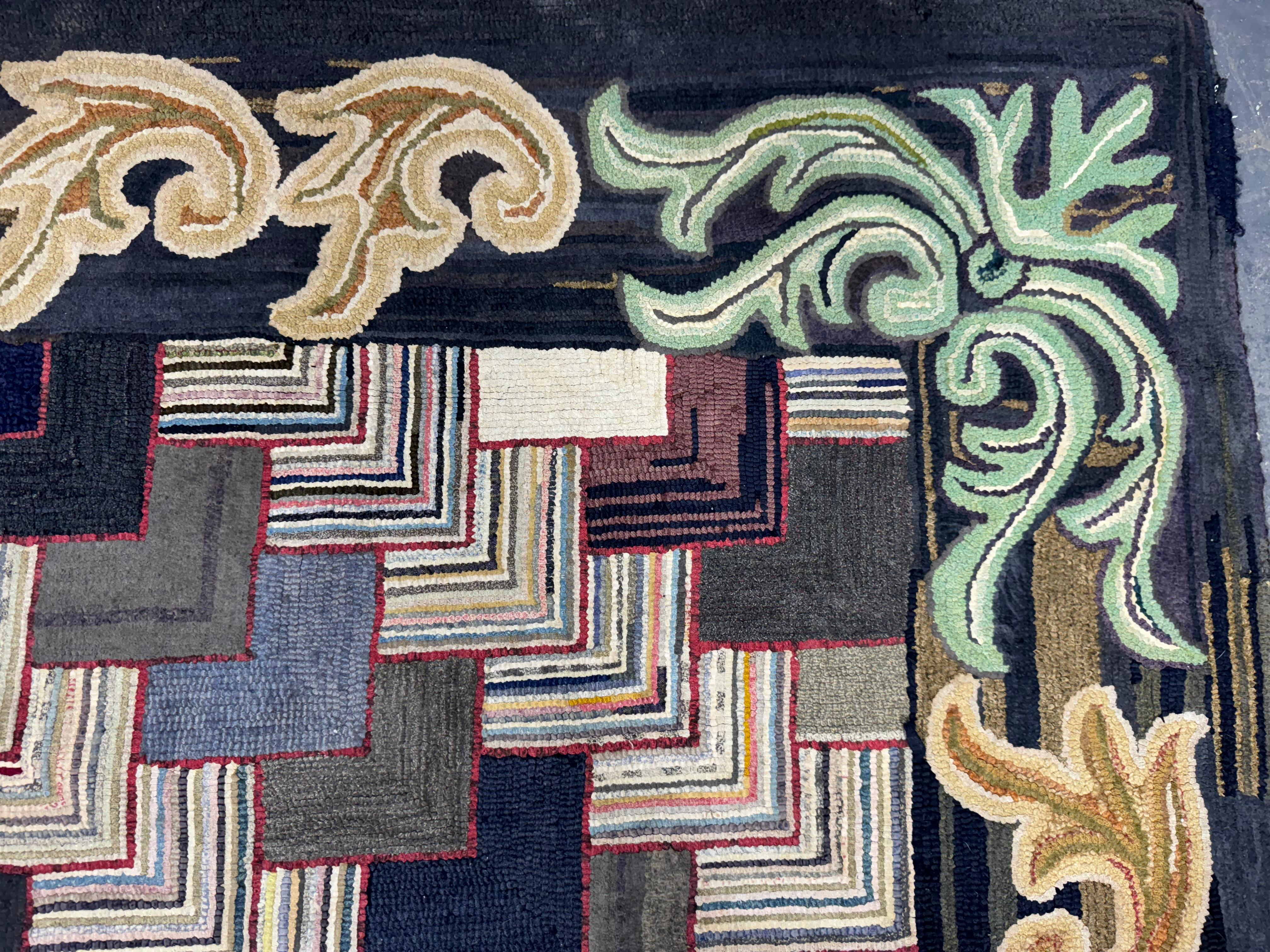 Folk Art Unusual American Antique Geometric Hook Rug, c.1930s