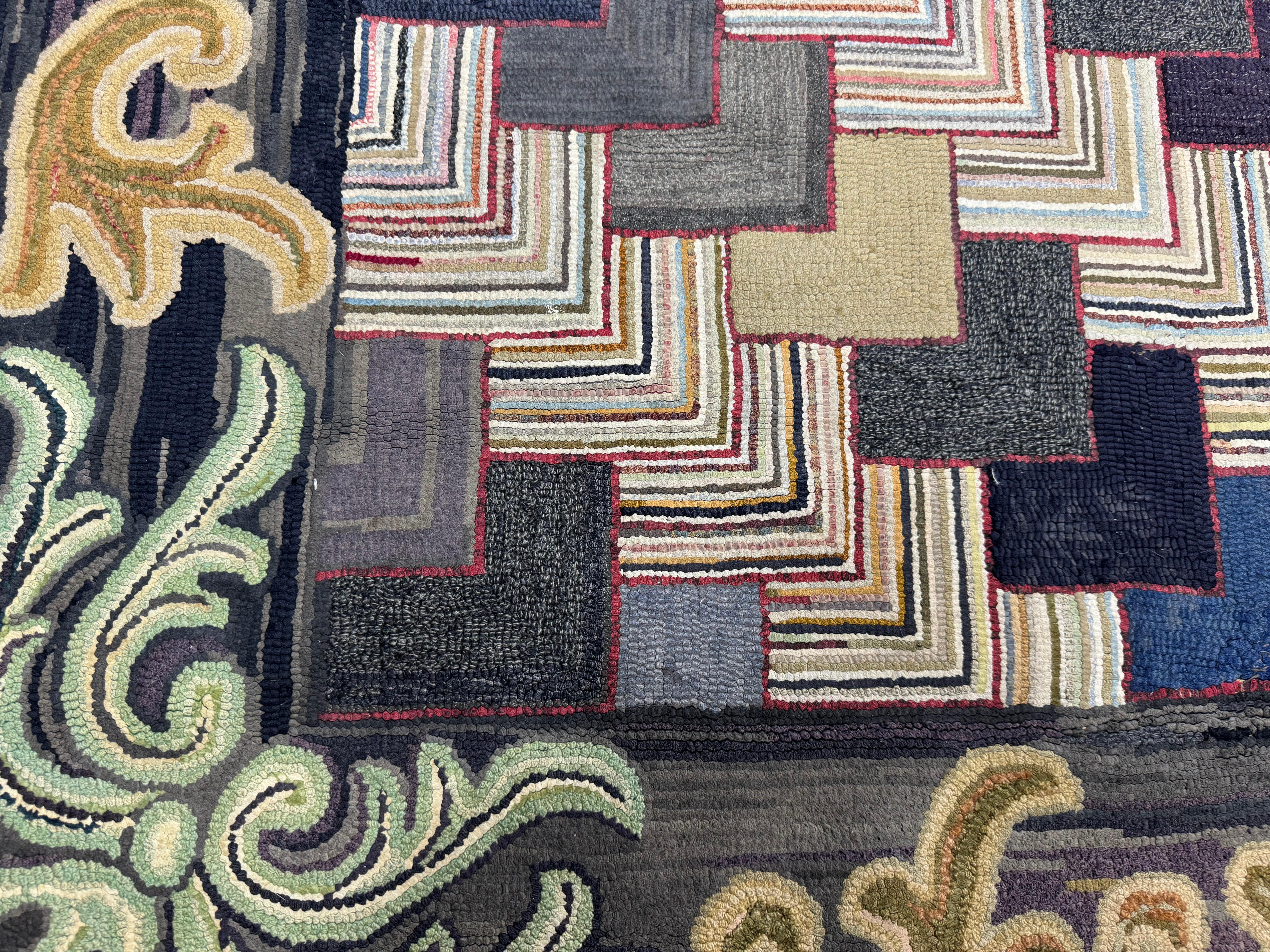 Hand-Crafted Unusual American Antique Geometric Hook Rug, c.1930s