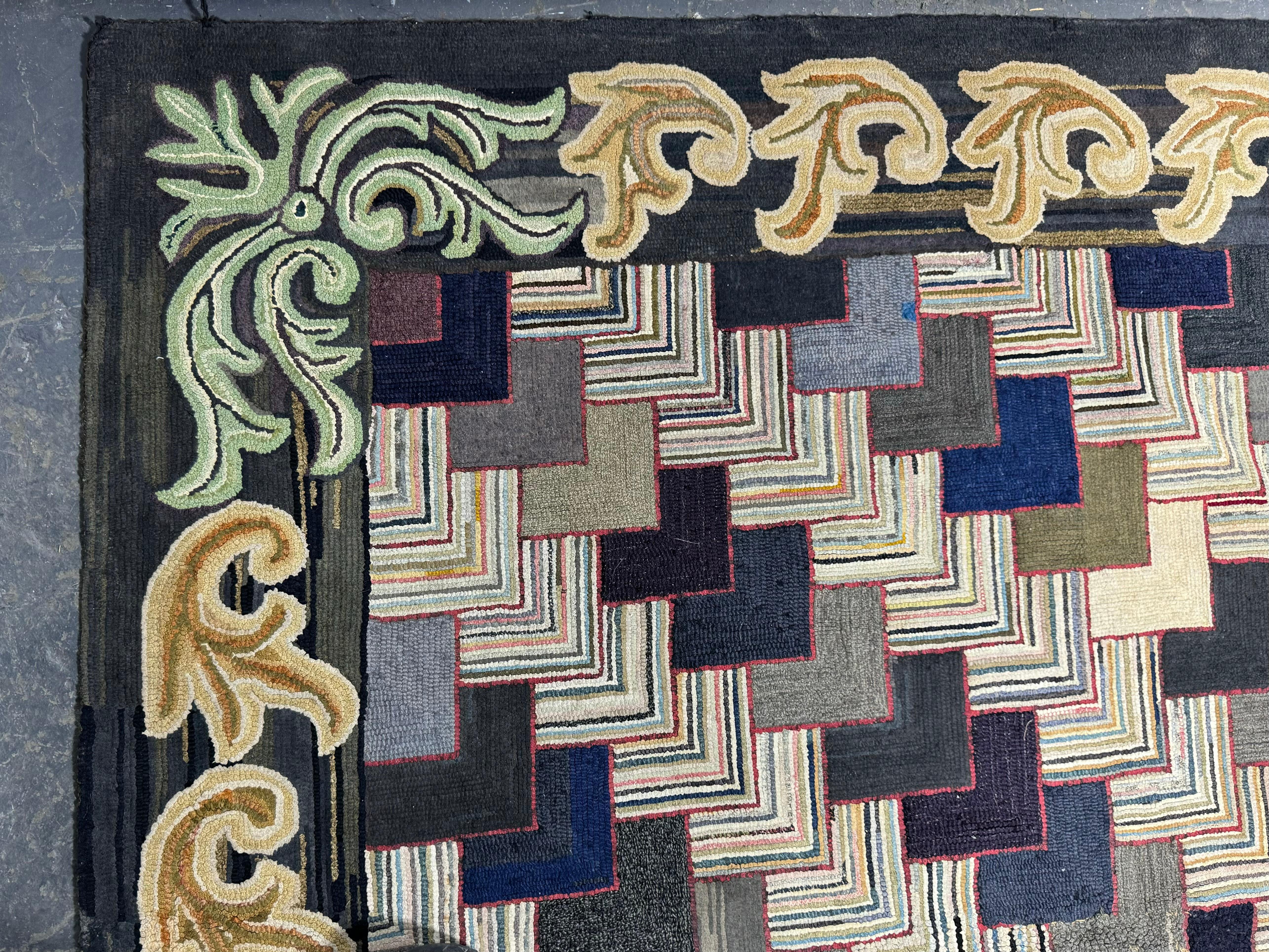 Unusual American Antique Geometric Hook Rug, c.1930s In Good Condition In Buffalo, NY