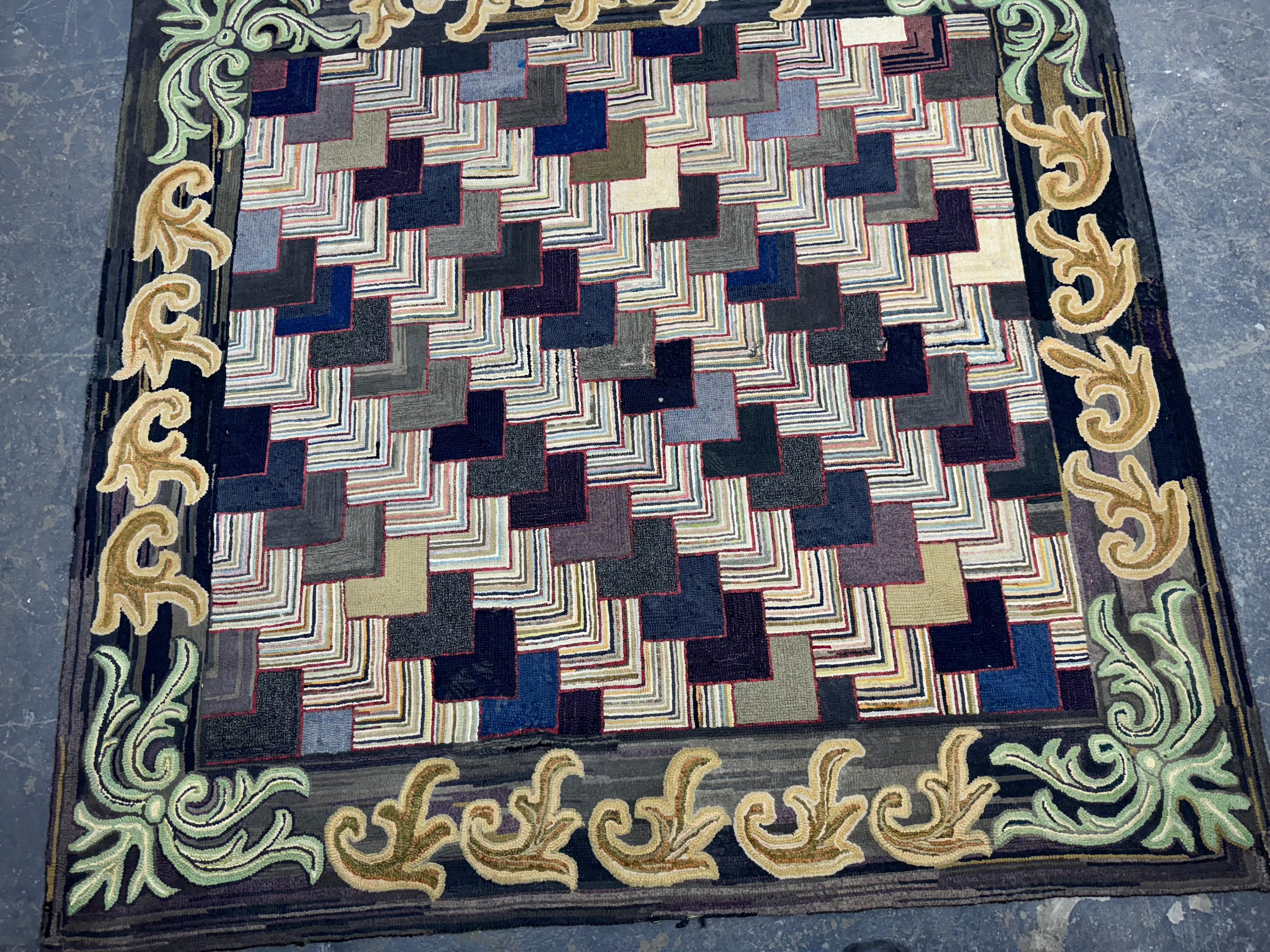 Mid-20th Century Unusual American Antique Geometric Hook Rug, c.1930s