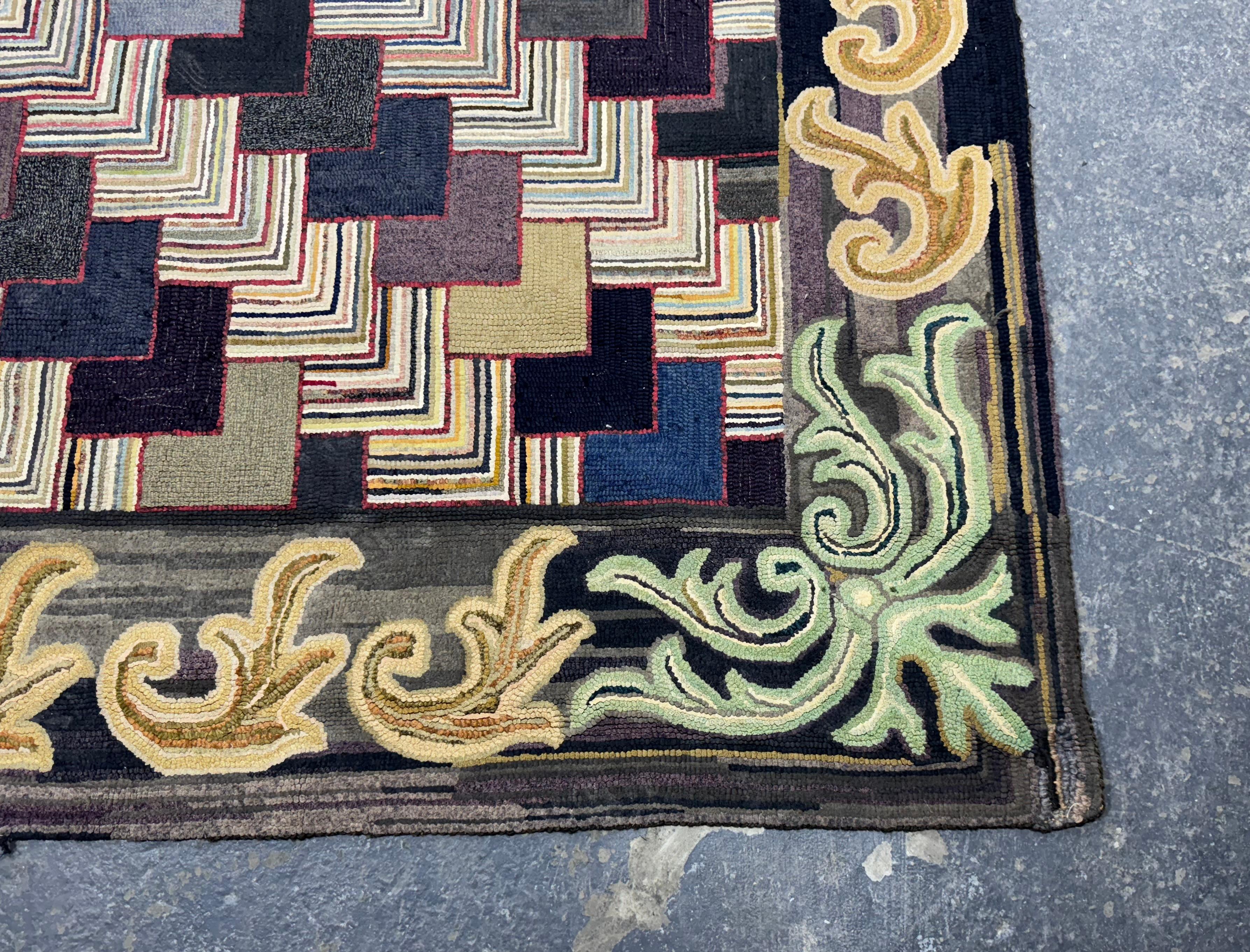 Wool Unusual American Antique Geometric Hook Rug, c.1930s