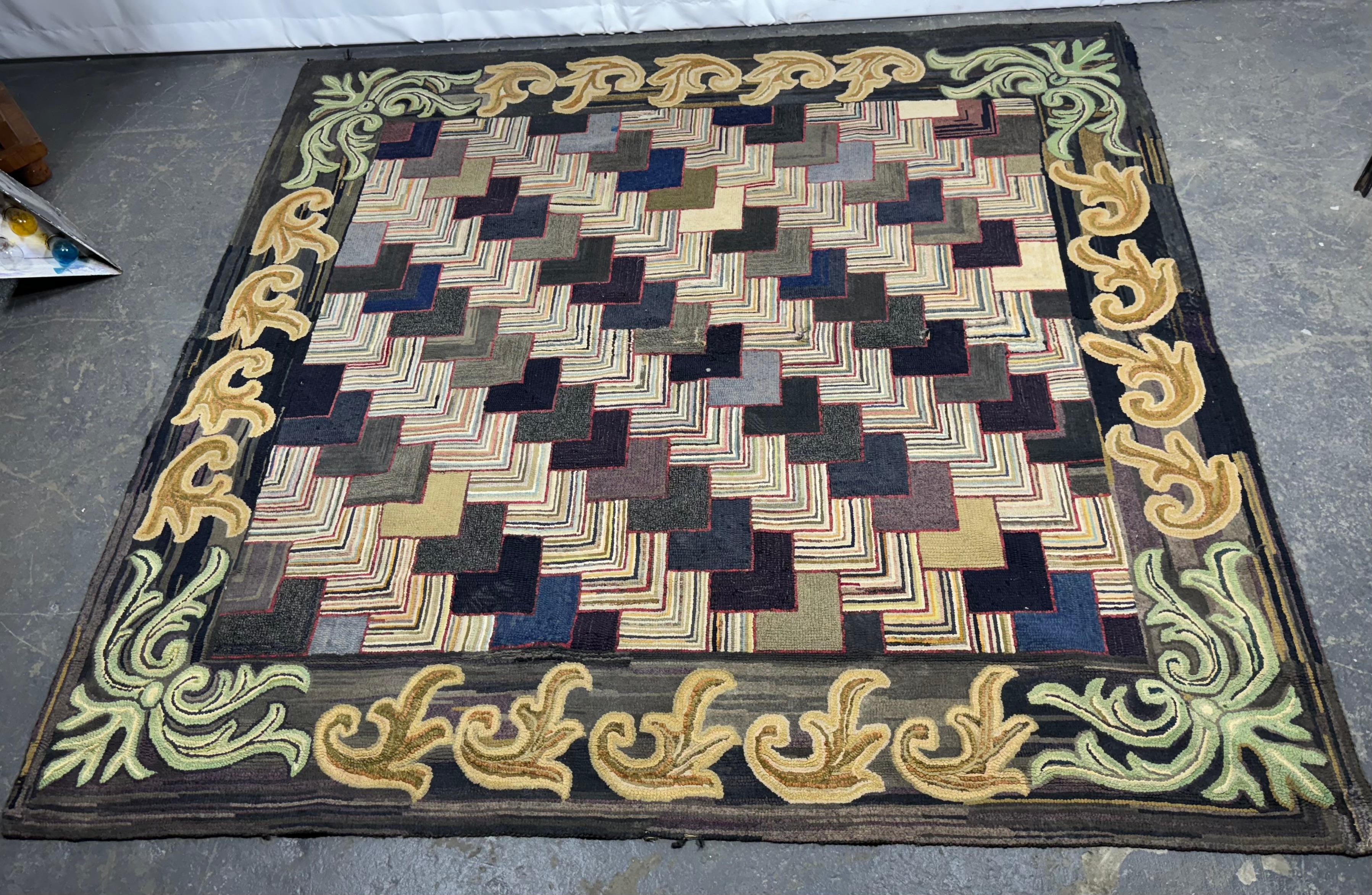 Unusual American Antique Geometric Hook Rug, c.1930s 1