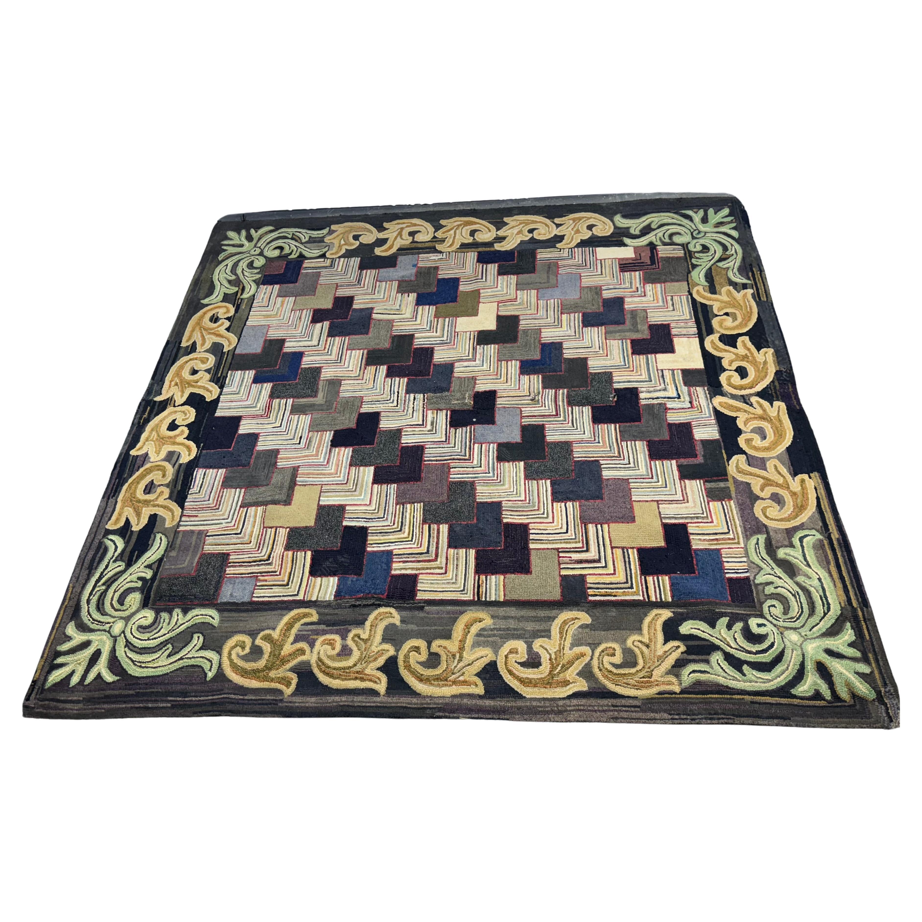 Unusual American Antique Geometric Hook Rug, c.1930s