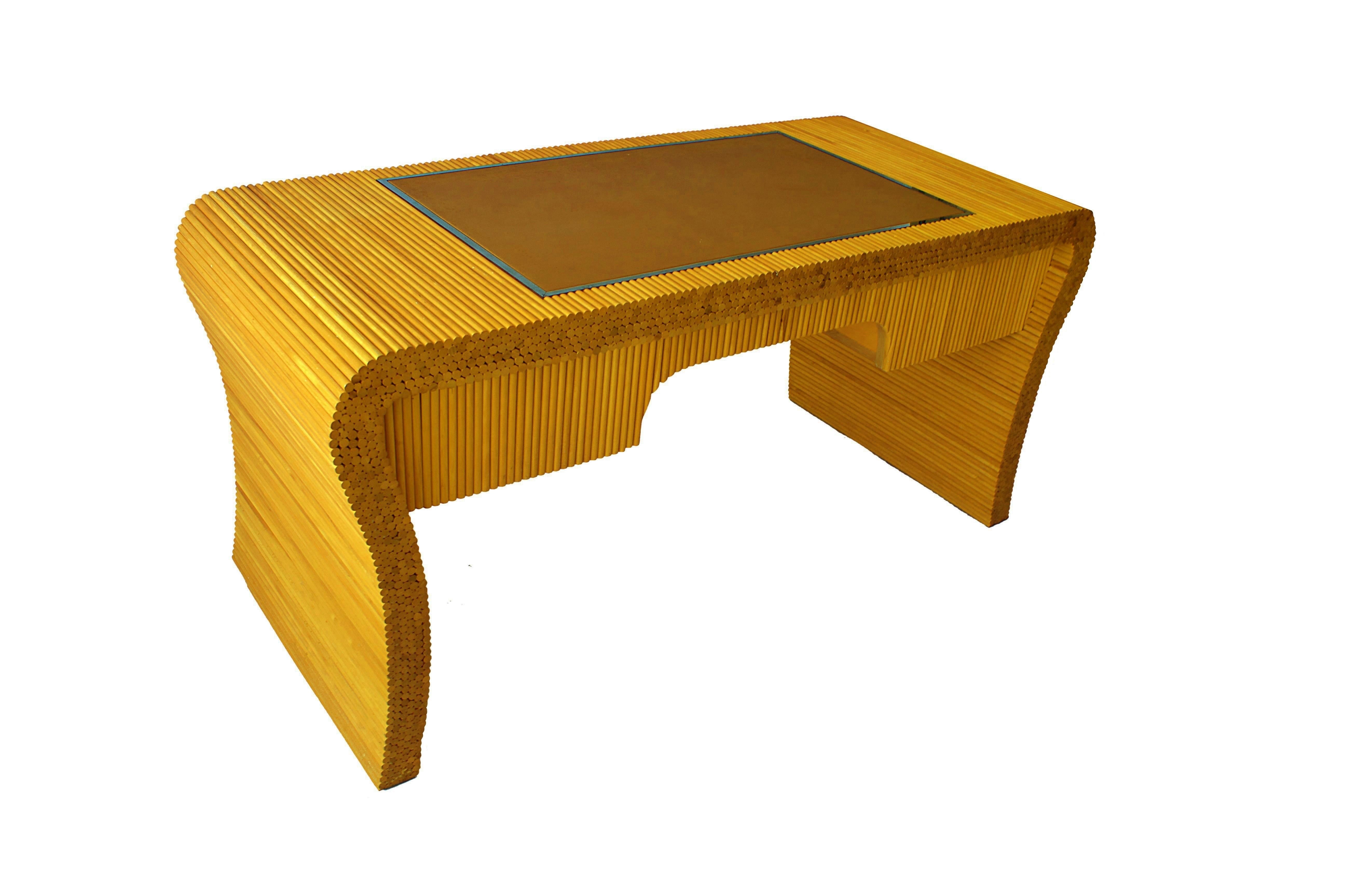 Late 20th Century Unusual American Modern Bamboo, Leather, and Chrome Banded Desk, Ernest Masi For Sale