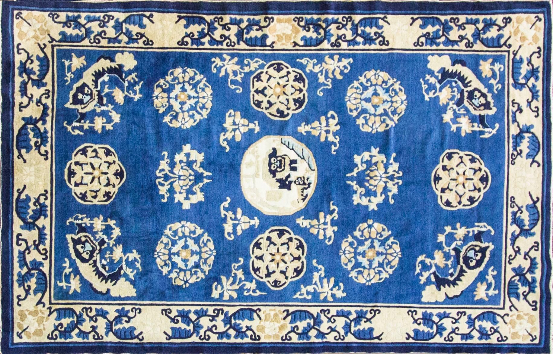 Great and superb quality with beautiful light blue background and camel border color, the design is very unusual it seems to be Chinese Panda.
Antique Peking rugs started in China shortly after the end of the First World War. During this period,