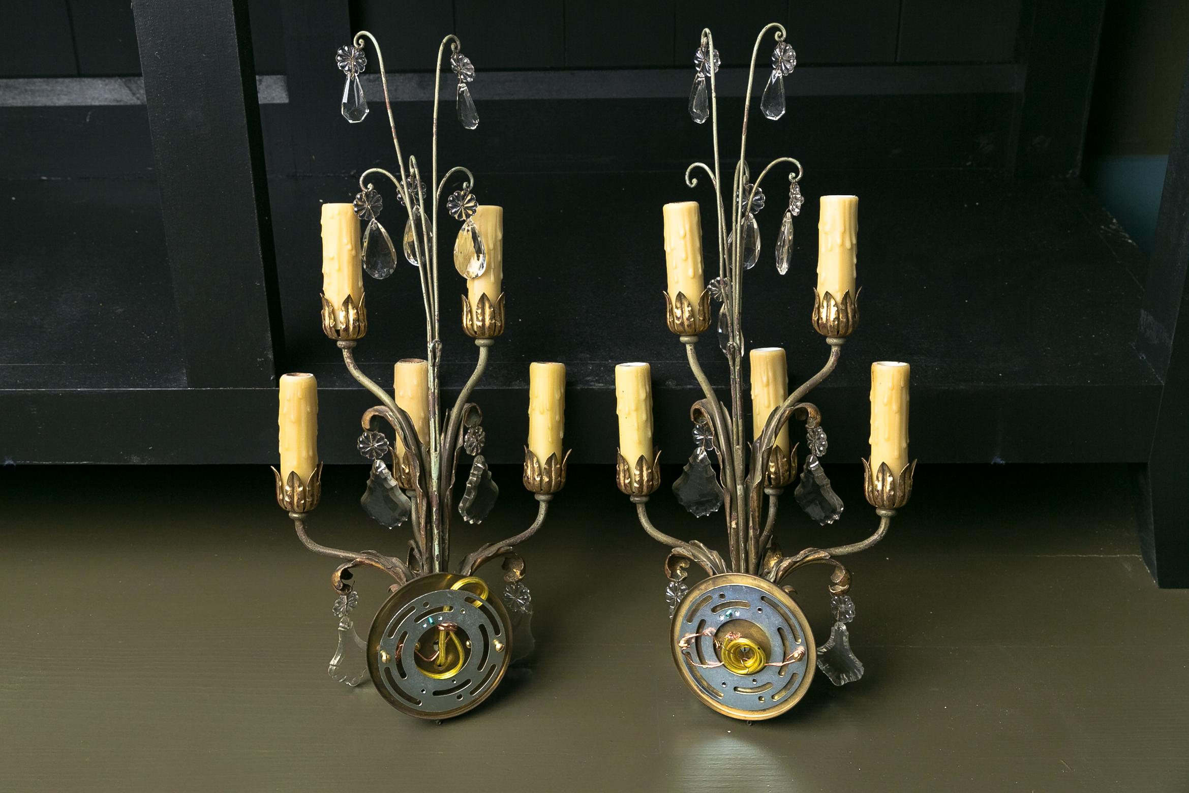 Unusual and Interesting Pair of Italian Polychrome and Crystal Sconces 3