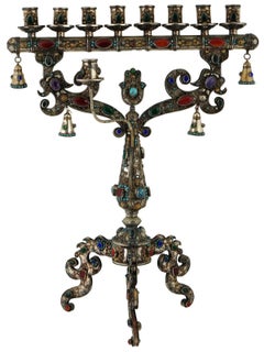 Unusual And Large Judaica Silver and Silverplate Menorah With Gemstones