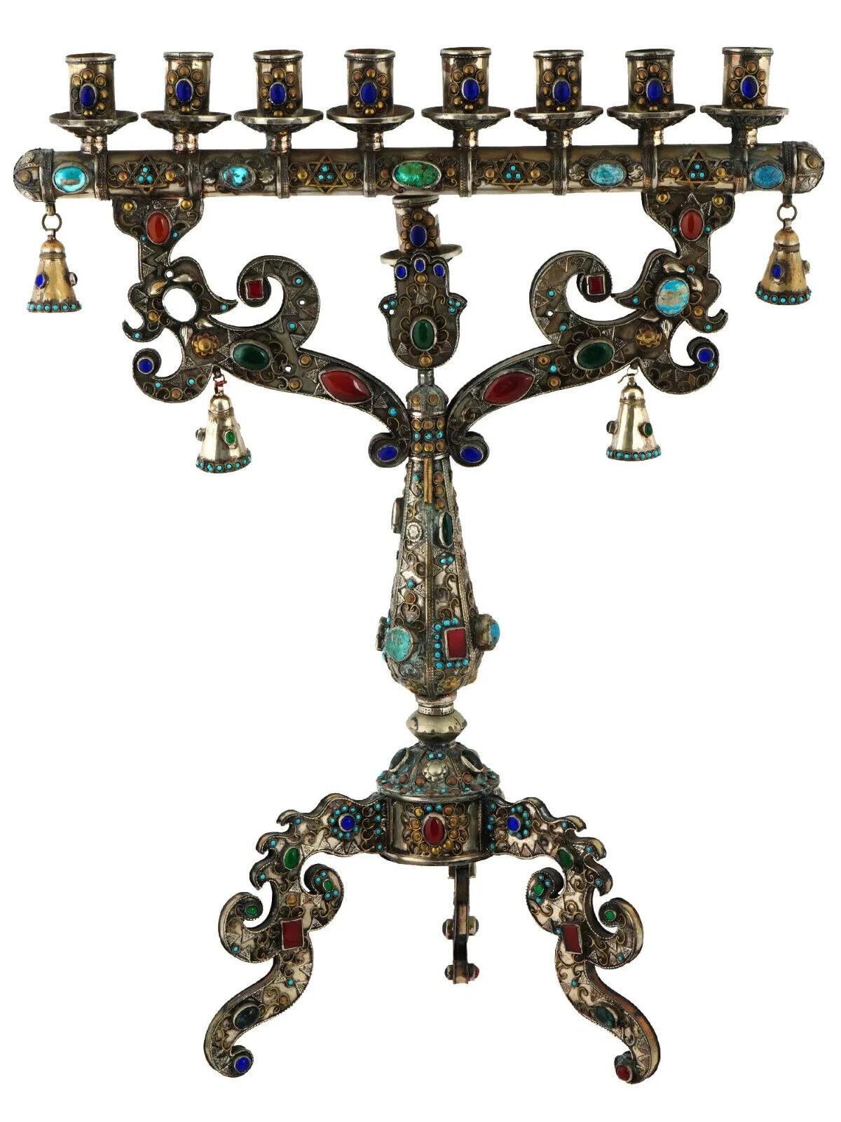French Unusual And Large Judaica Silver Plate Menorah With Gemstones For Sale